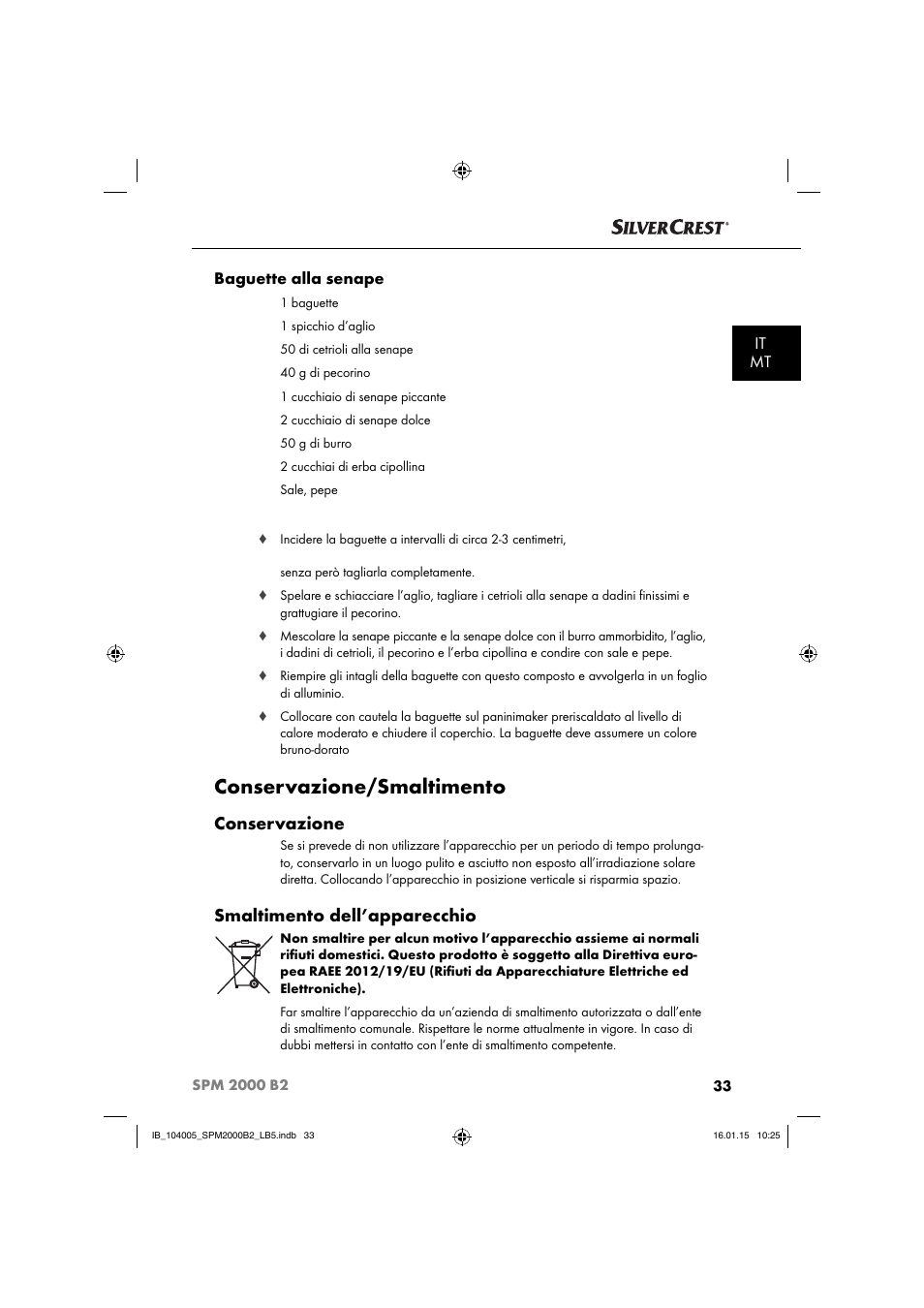 Conservazione/smaltimento, Conservazione, Smaltimento dell’apparecchio | It mt baguette alla senape | Silvercrest SPM 2000 B2 User Manual | Page 36 / 94