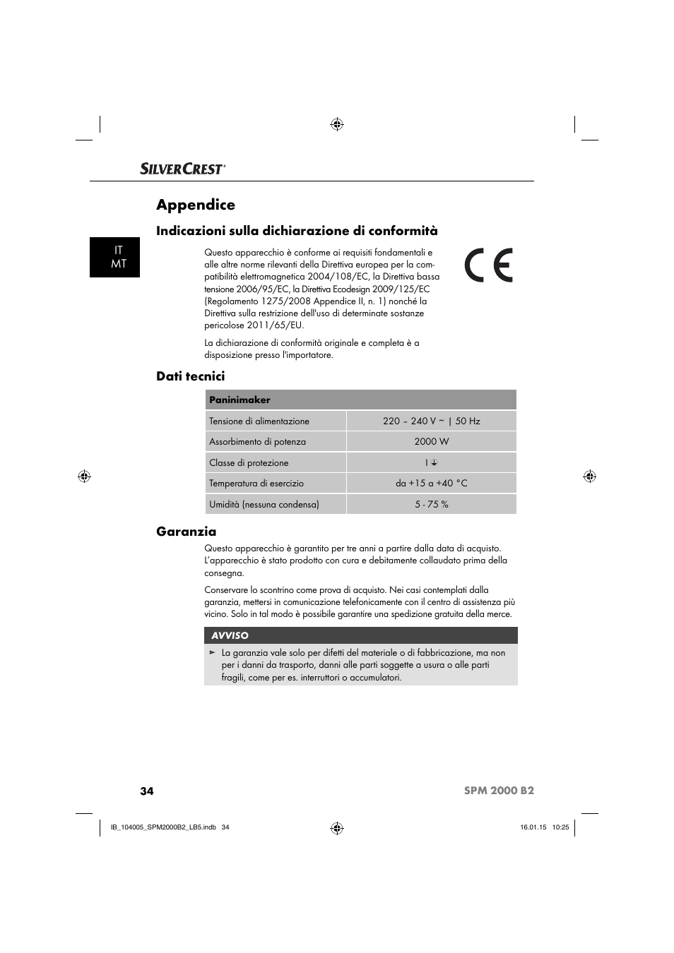 Appendice, Indicazioni sulla dichiarazione di conformità, Dati tecnici | Garanzia, It mt | Silvercrest SPM 2000 B2 User Manual | Page 37 / 94
