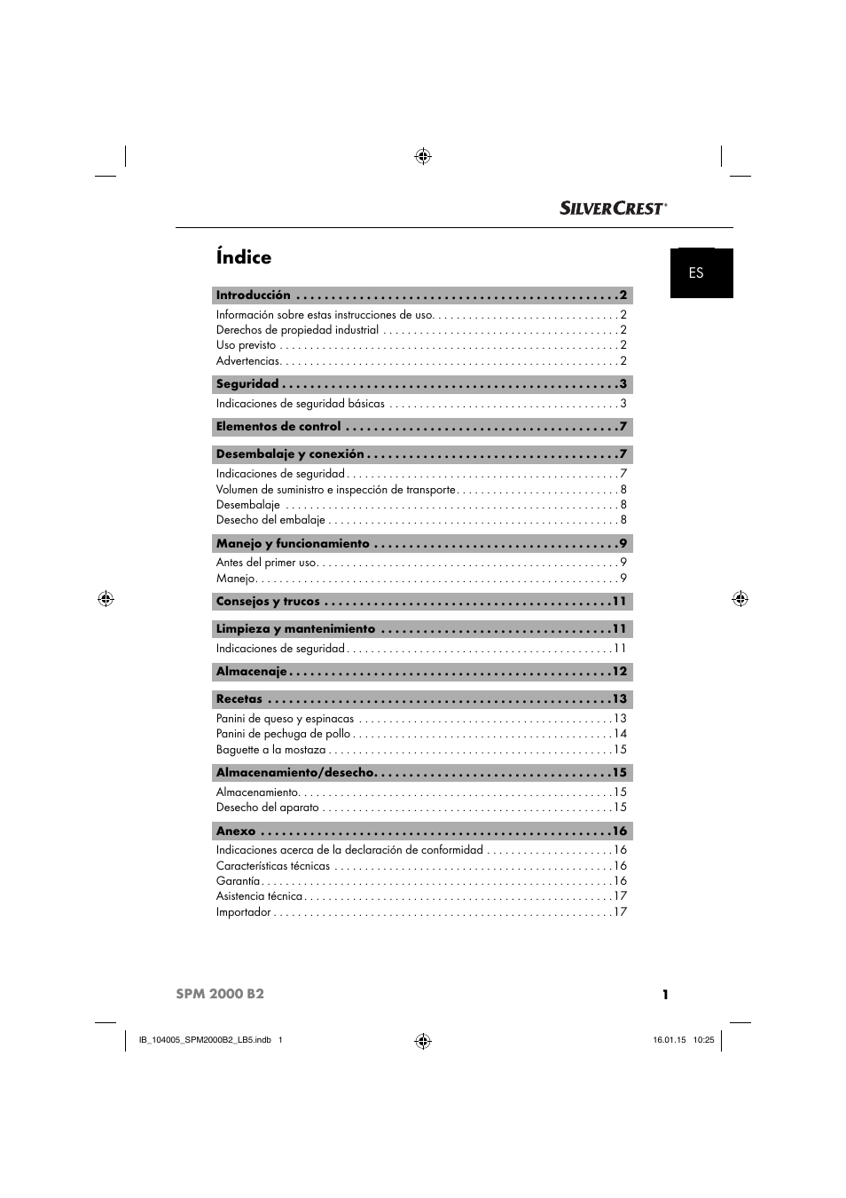 Índice | Silvercrest SPM 2000 B2 User Manual | Page 4 / 94