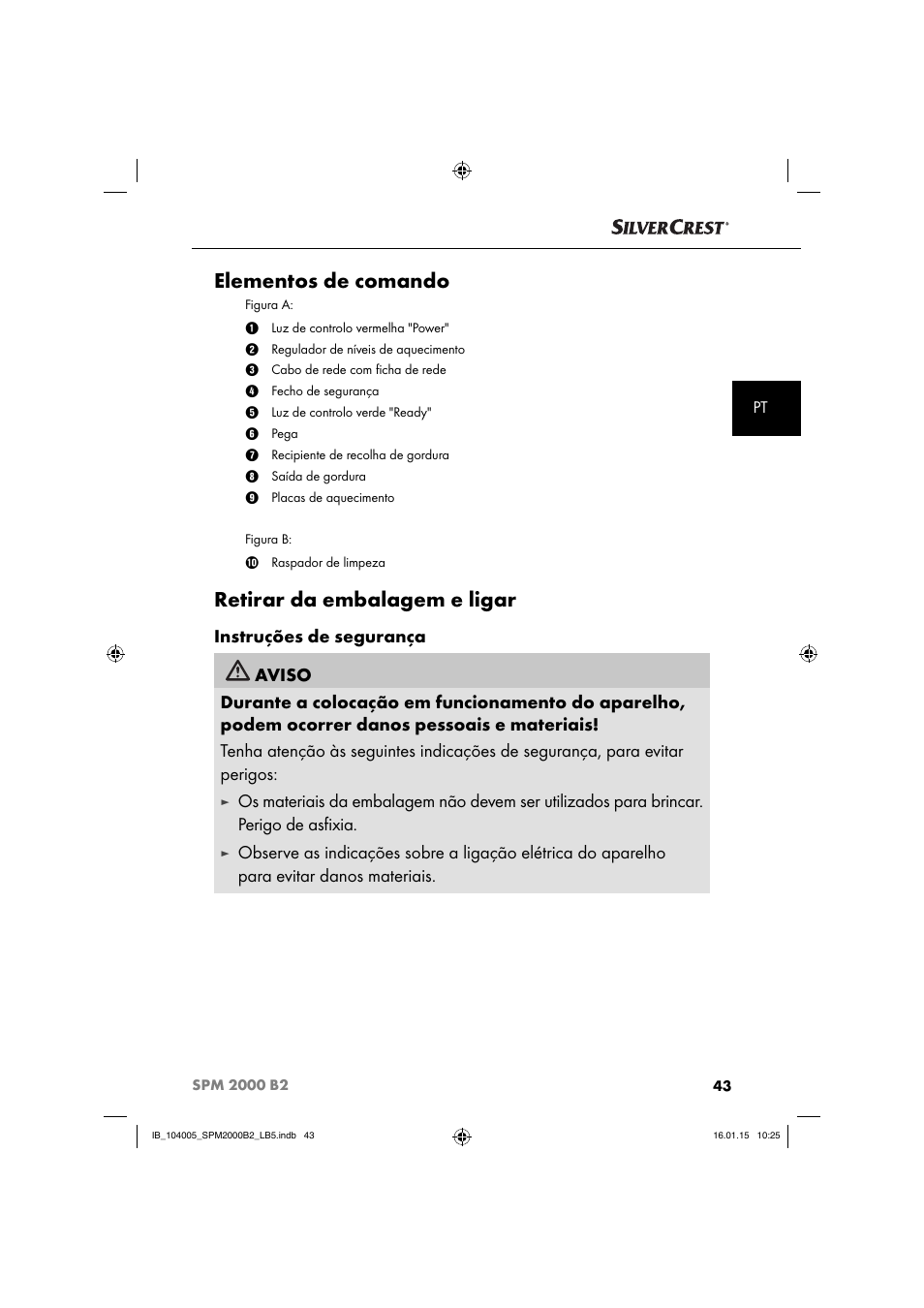 Elementos de comando, Retirar da embalagem e ligar | Silvercrest SPM 2000 B2 User Manual | Page 46 / 94