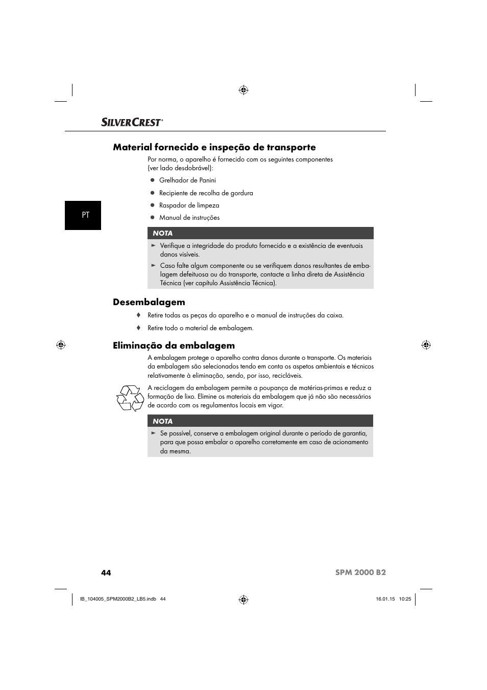 Material fornecido e inspeção de transporte, Desembalagem, Eliminação da embalagem | Silvercrest SPM 2000 B2 User Manual | Page 47 / 94