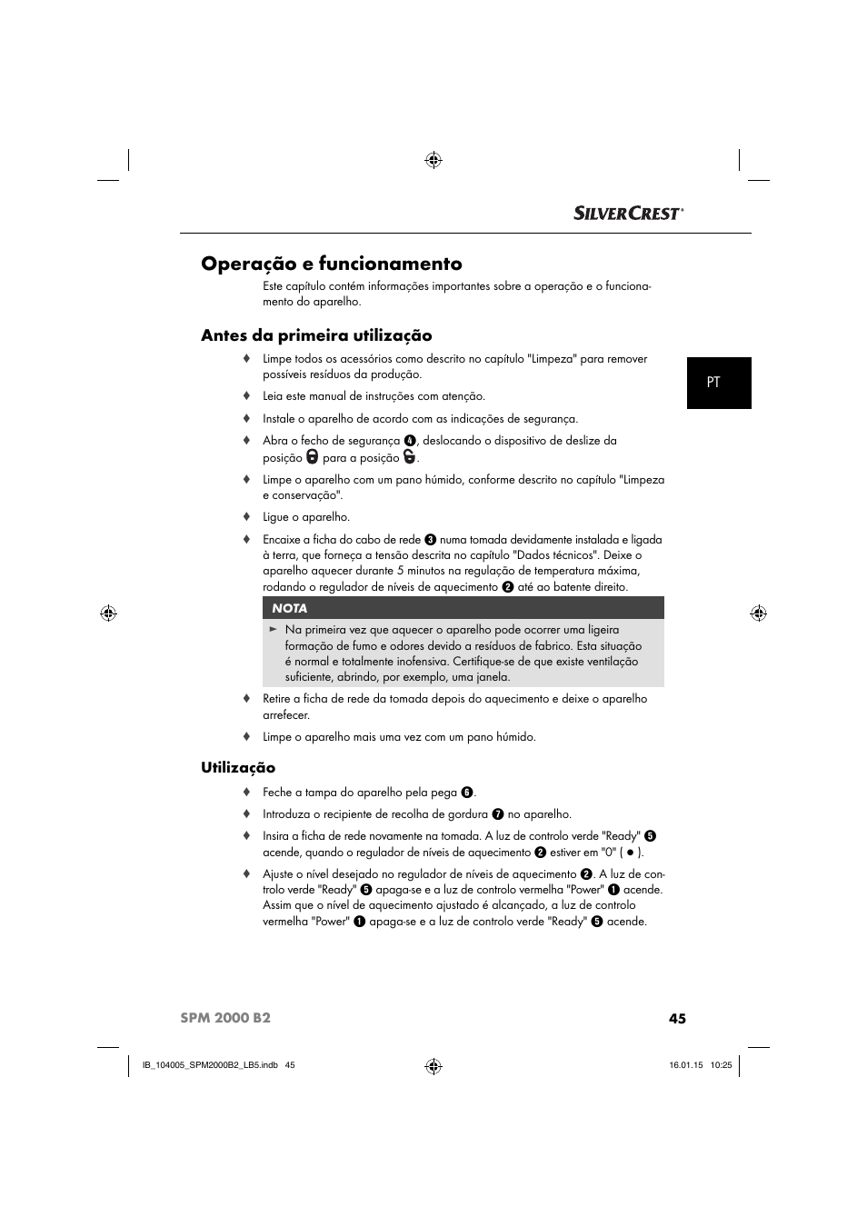 Operação e funcionamento, Antes da primeira utilização, Utilização | Silvercrest SPM 2000 B2 User Manual | Page 48 / 94