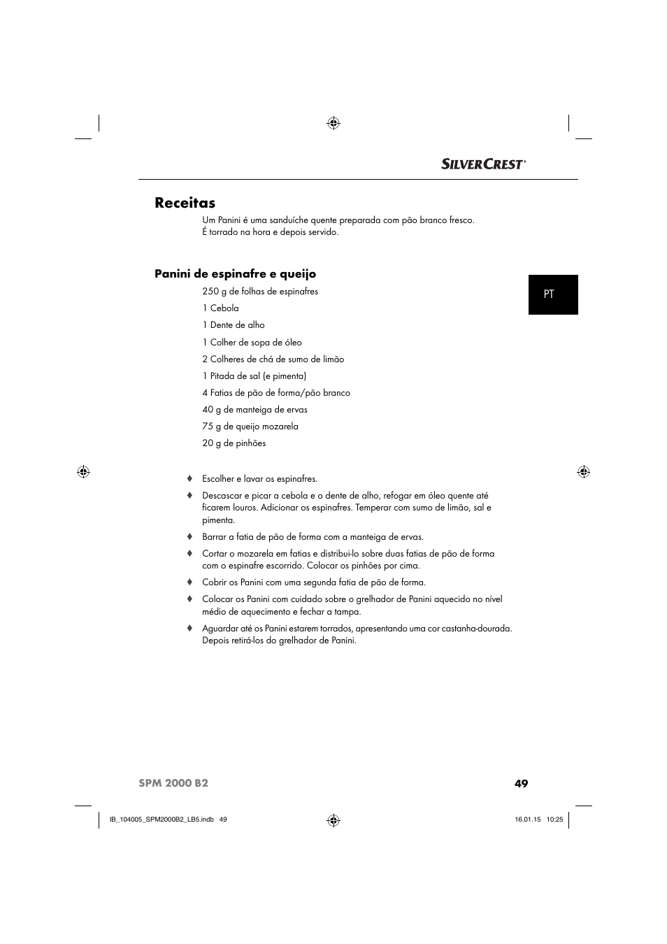 Receitas, Panini de espinafre e queijo | Silvercrest SPM 2000 B2 User Manual | Page 52 / 94
