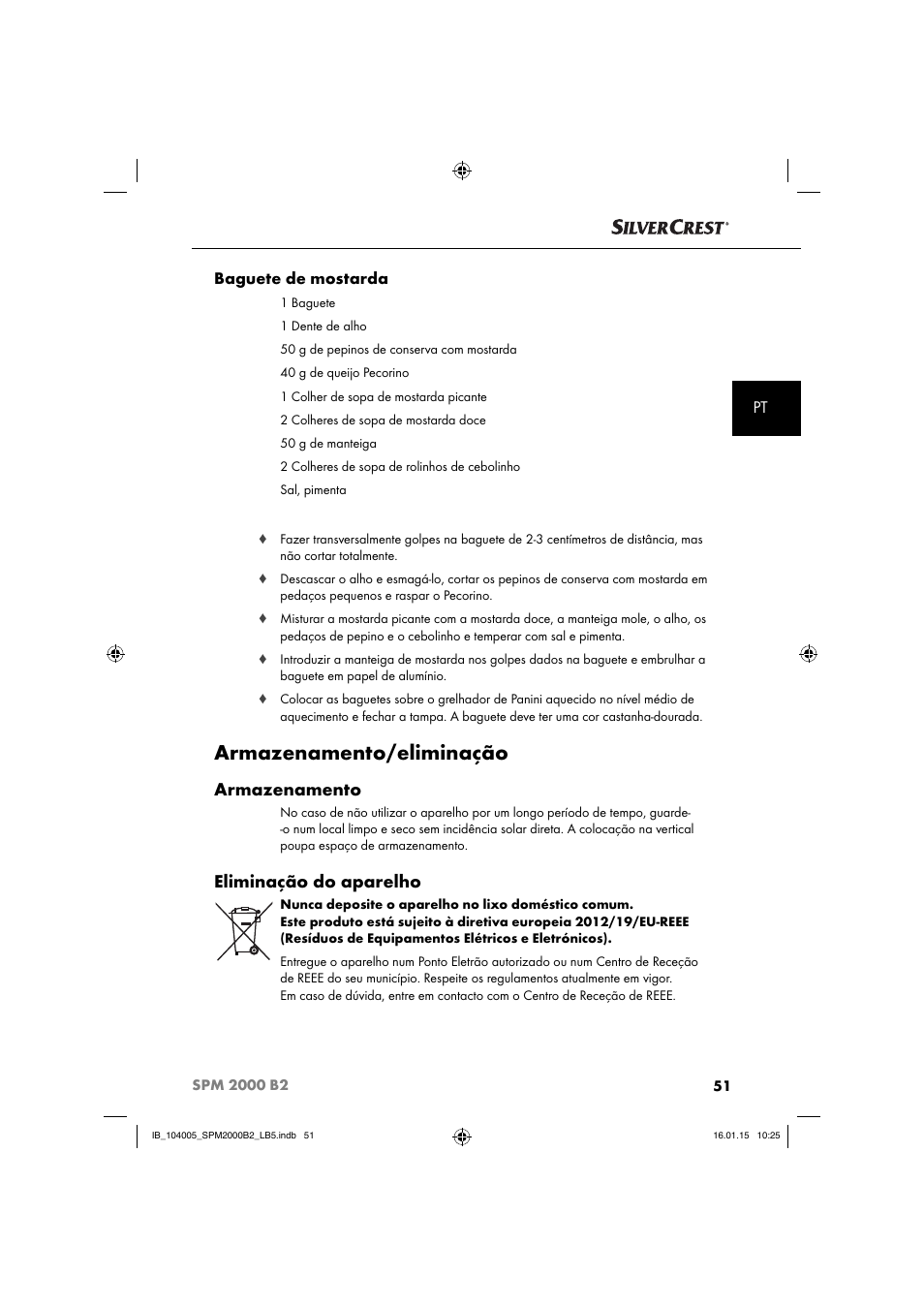 Armazenamento/eliminação, Armazenamento, Eliminação do aparelho | Pt baguete de mostarda | Silvercrest SPM 2000 B2 User Manual | Page 54 / 94