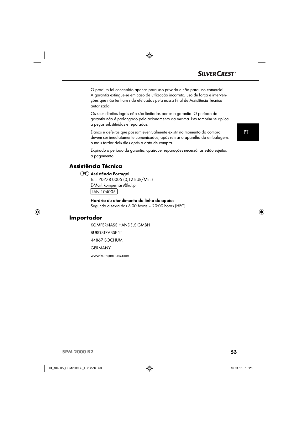 Assistência técnica, Importador | Silvercrest SPM 2000 B2 User Manual | Page 56 / 94