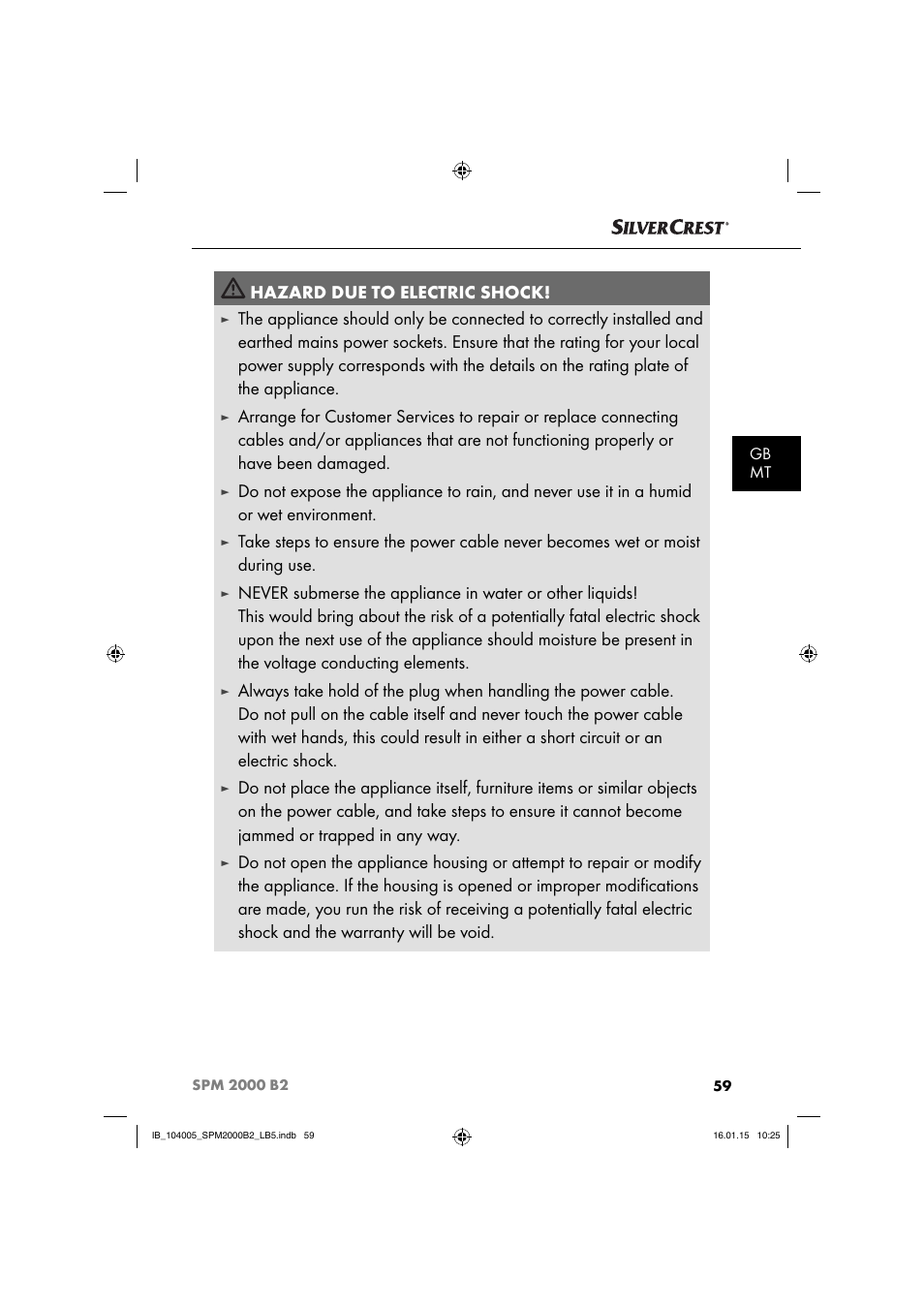 Hazard due to electric shock | Silvercrest SPM 2000 B2 User Manual | Page 62 / 94