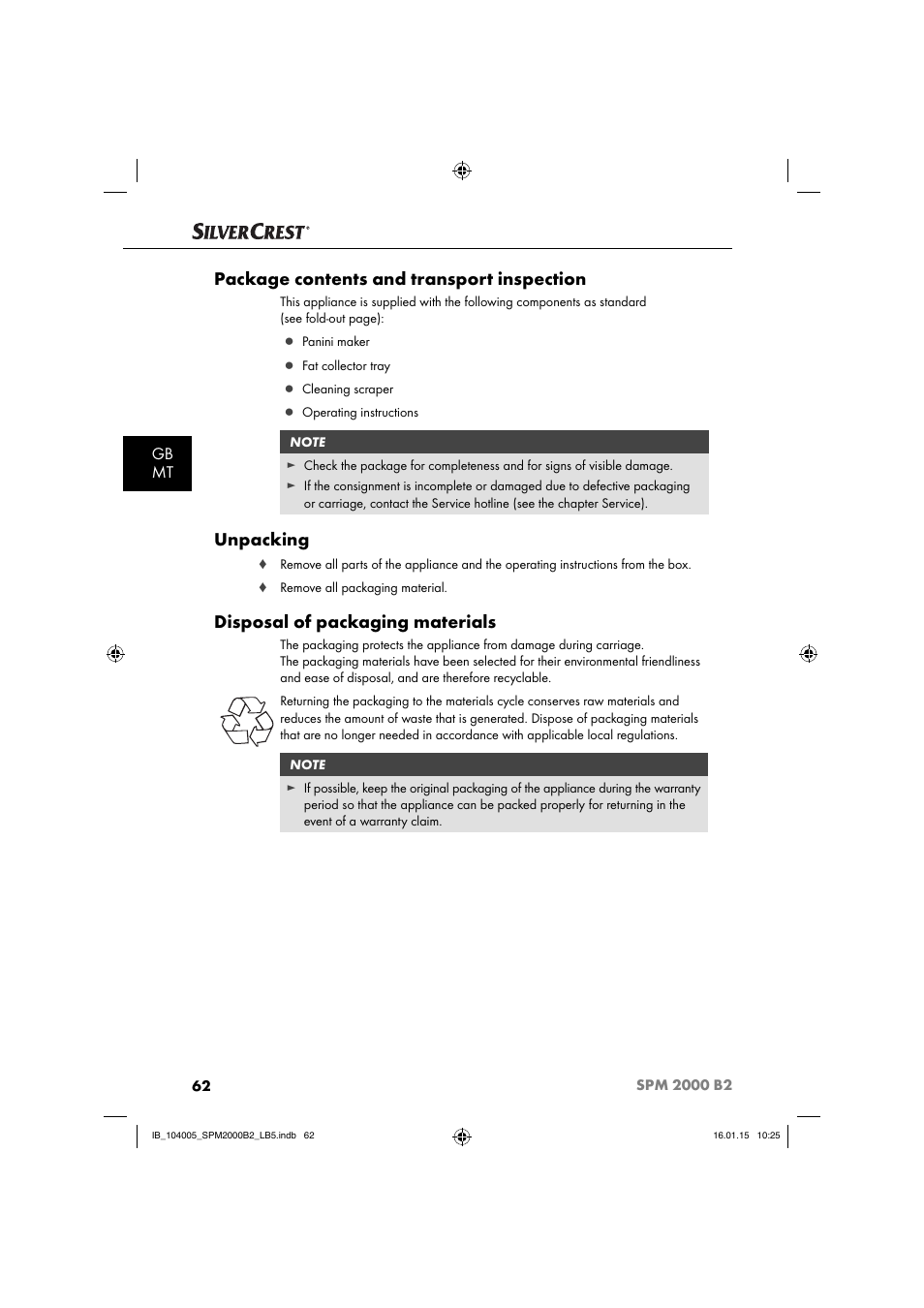 Package contents and transport inspection, Unpacking, Disposal of packaging materials | Gb mt | Silvercrest SPM 2000 B2 User Manual | Page 65 / 94