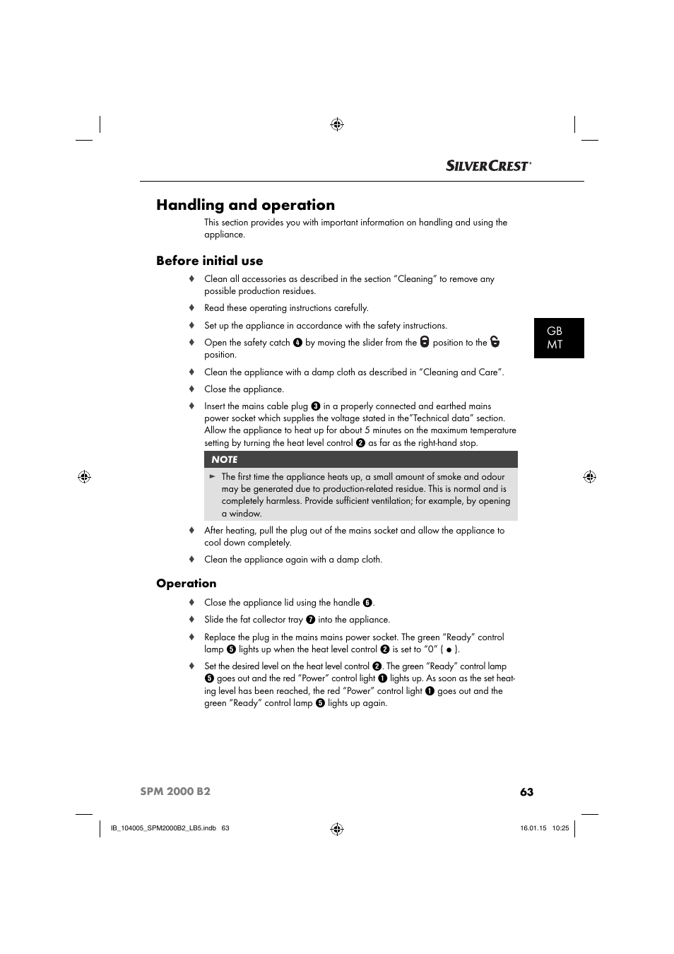 Handling and operation, Before initial use, Gb mt | Operation | Silvercrest SPM 2000 B2 User Manual | Page 66 / 94