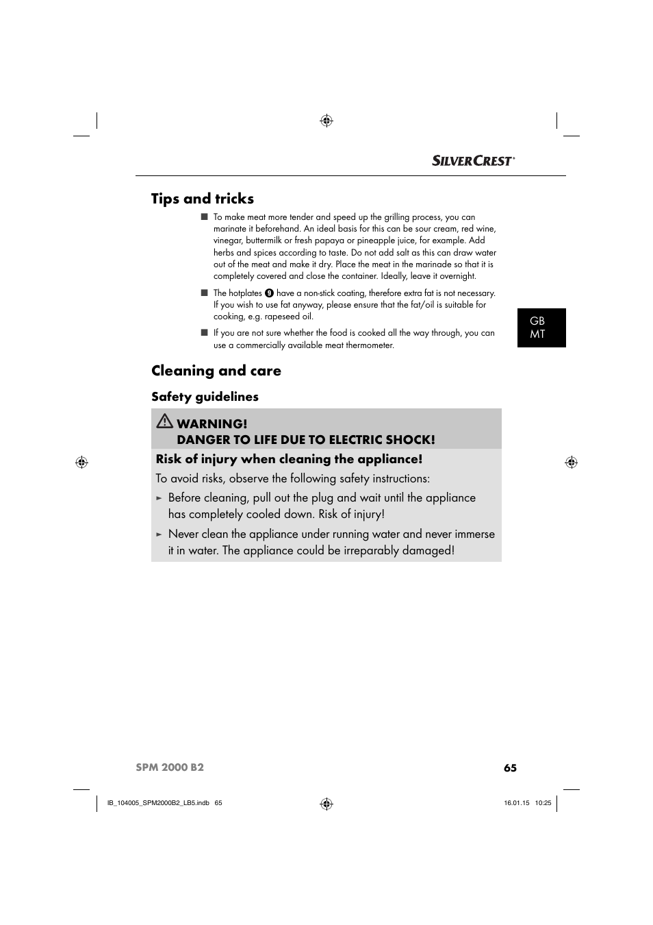 Tips and tricks, Cleaning and care | Silvercrest SPM 2000 B2 User Manual | Page 68 / 94