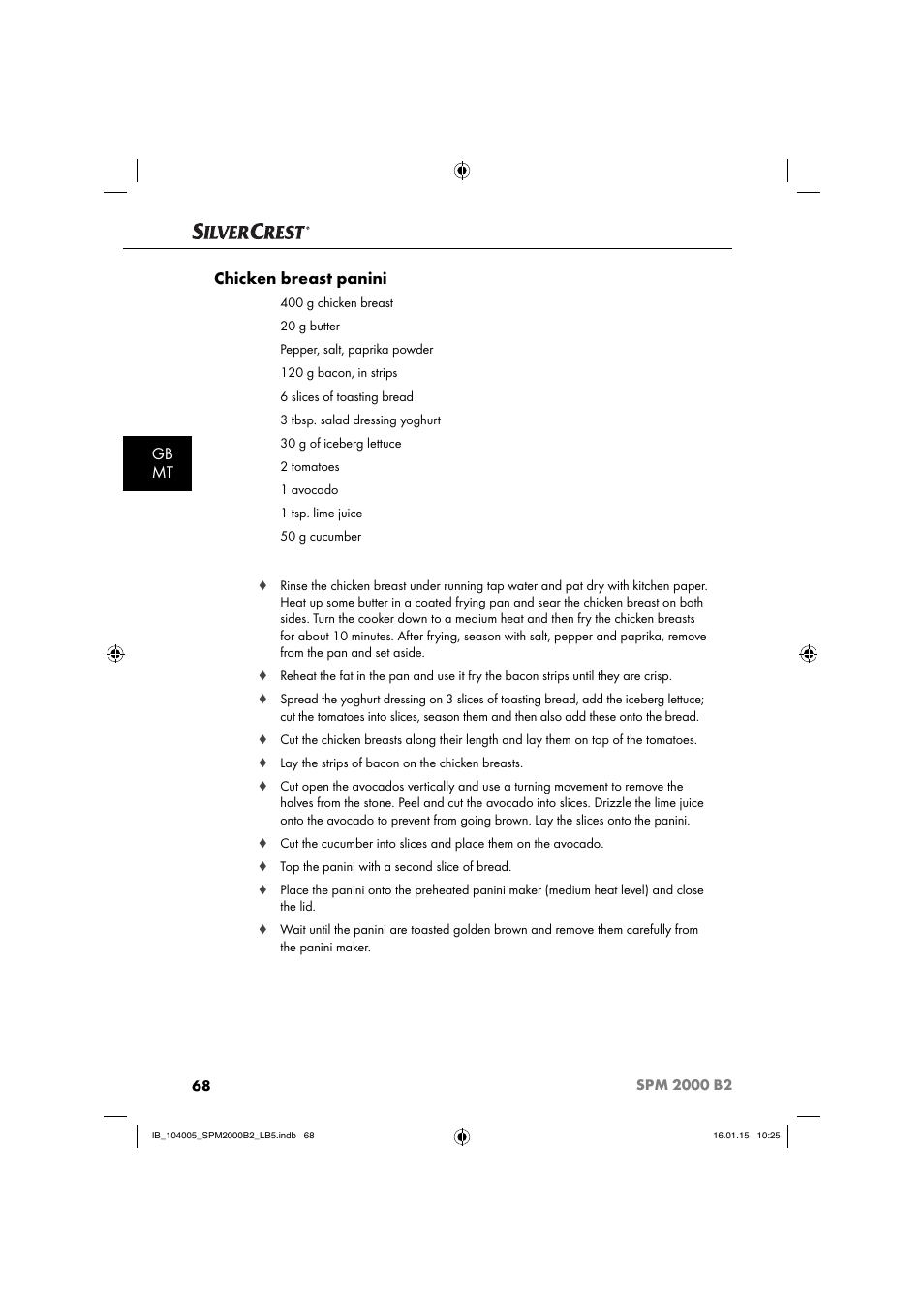 Gb mt chicken breast panini | Silvercrest SPM 2000 B2 User Manual | Page 71 / 94