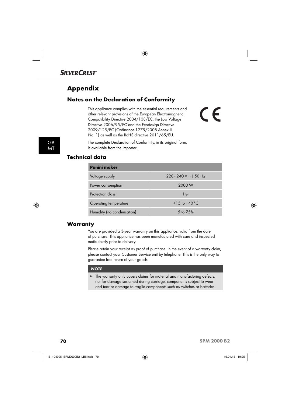 Appendix, Technical data, Warranty | Gb mt | Silvercrest SPM 2000 B2 User Manual | Page 73 / 94