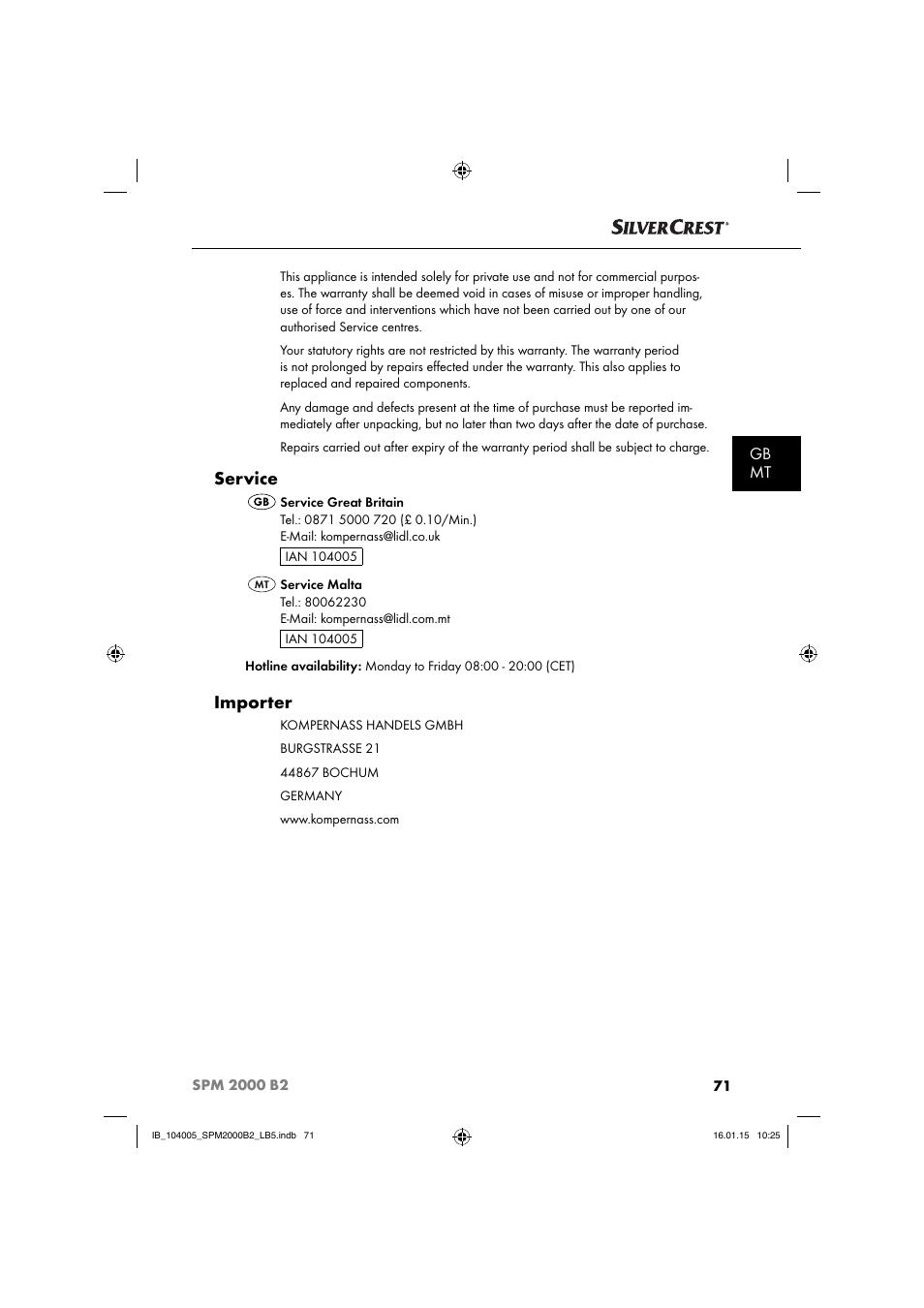 Service, Importer, Gb mt | Silvercrest SPM 2000 B2 User Manual | Page 74 / 94