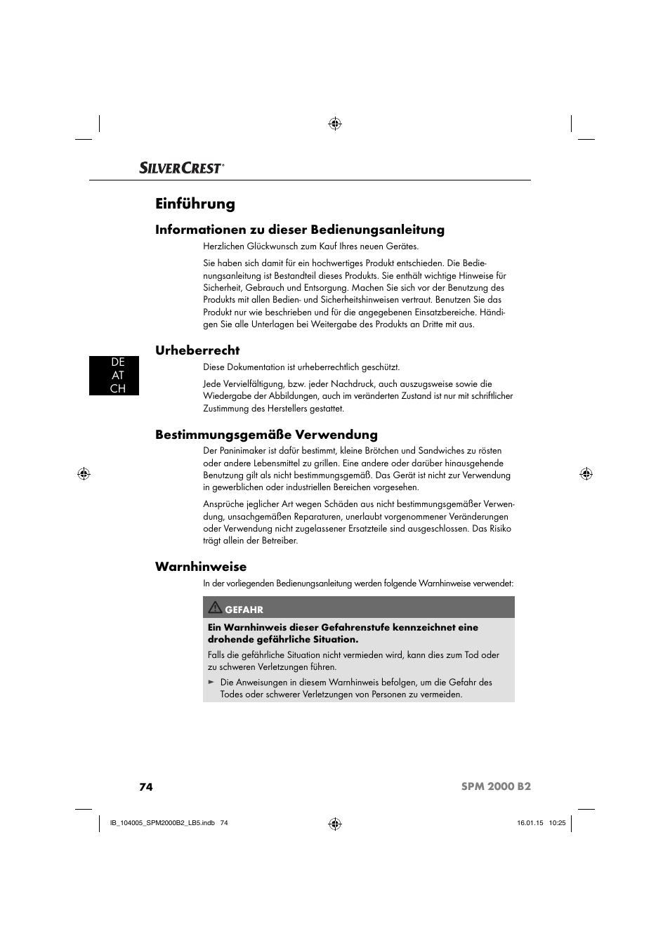 Einführung, Informationen zu dieser bedienungsanleitung, Urheberrecht | Bestimmungsgemäße verwendung, Warnhinweise | Silvercrest SPM 2000 B2 User Manual | Page 77 / 94