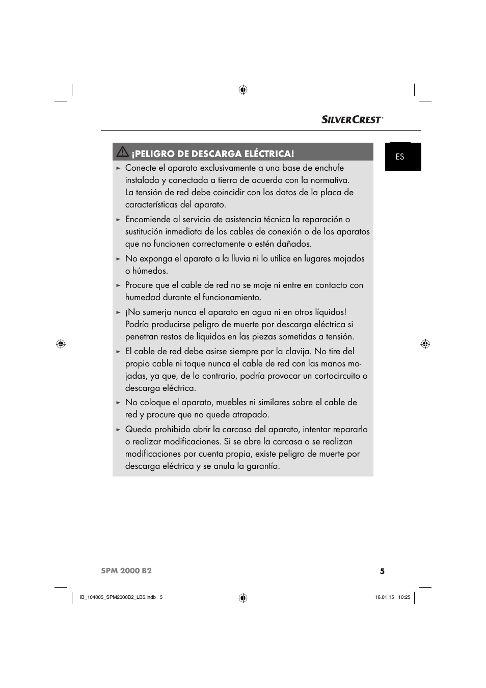 Peligro de descarga eléctrica | Silvercrest SPM 2000 B2 User Manual | Page 8 / 94