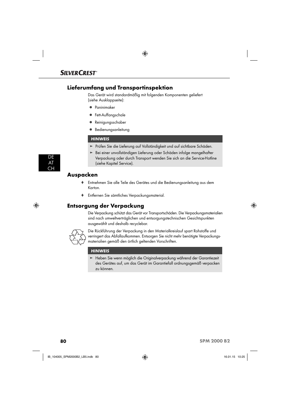 Lieferumfang und transportinspektion, Auspacken, Entsorgung der verpackung | De at ch | Silvercrest SPM 2000 B2 User Manual | Page 83 / 94