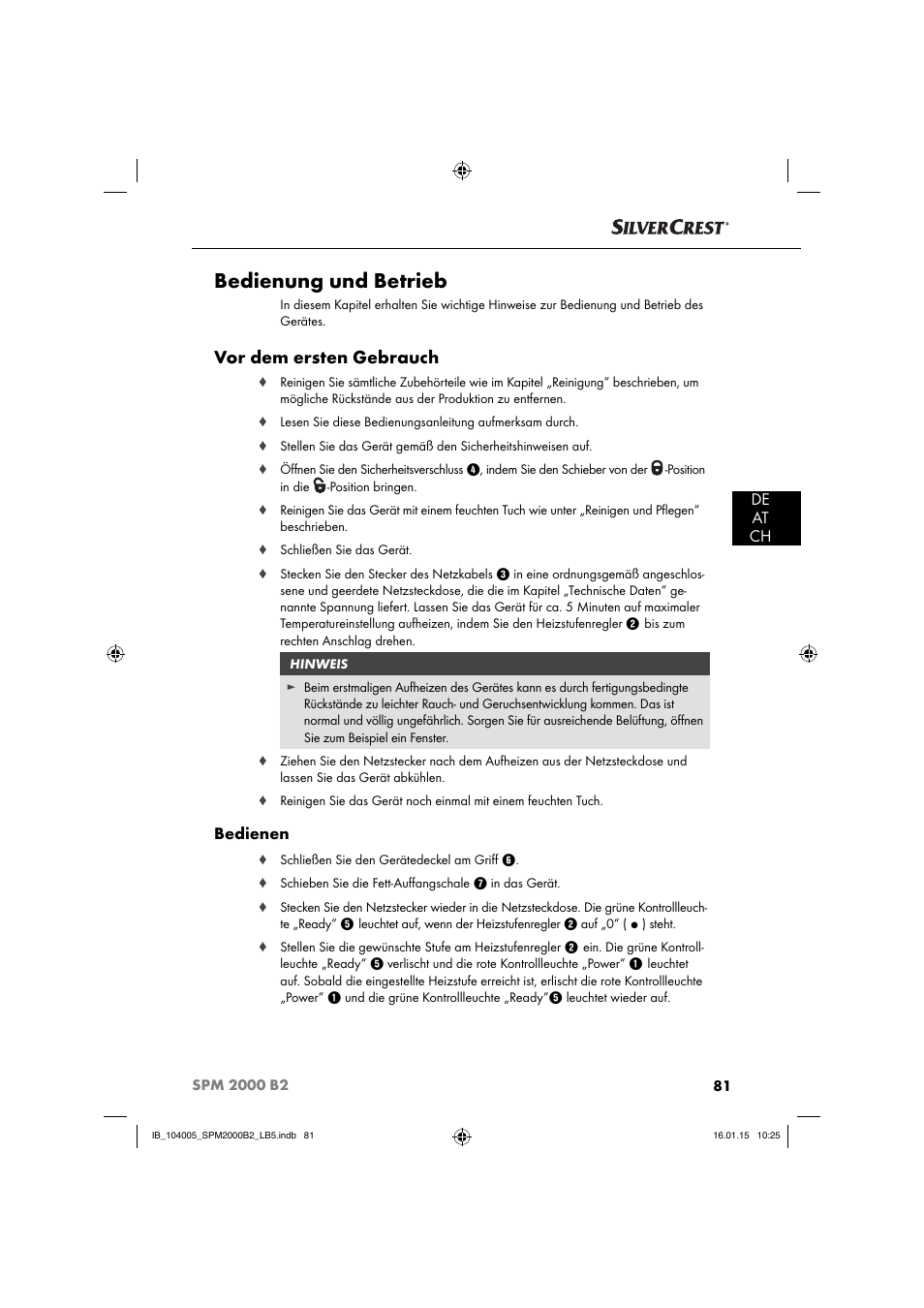 Bedienung und betrieb, Vor dem ersten gebrauch, De at ch | Bedienen | Silvercrest SPM 2000 B2 User Manual | Page 84 / 94