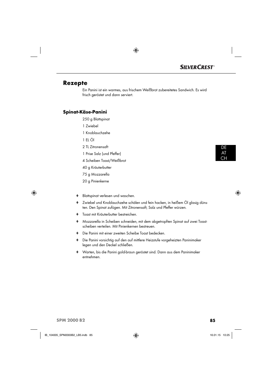 Rezepte, De at ch, Spinat-käse-panini | Silvercrest SPM 2000 B2 User Manual | Page 88 / 94