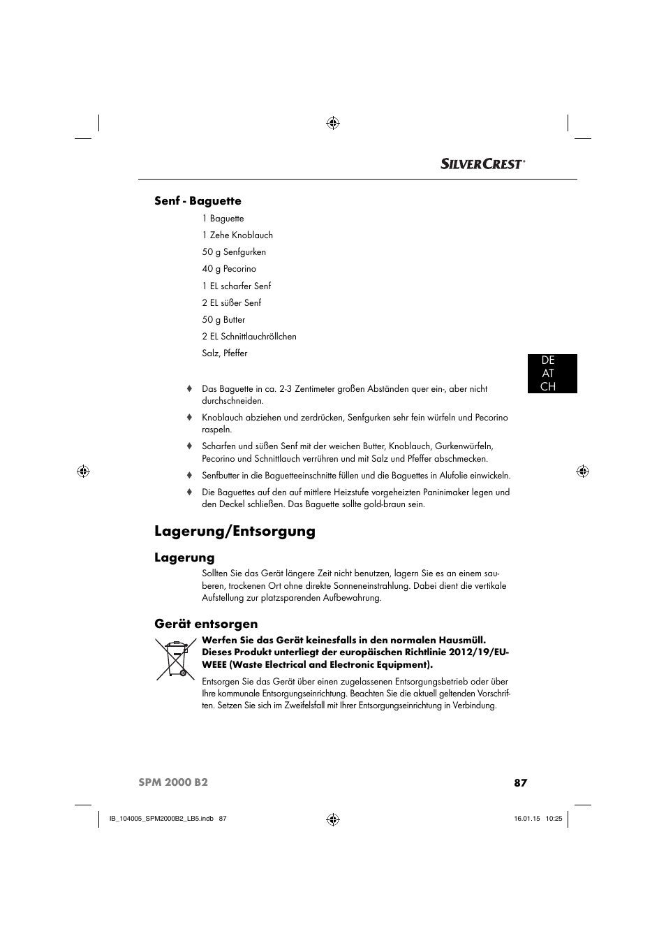 Lagerung/entsorgung, Lagerung, Gerät entsorgen | De at ch senf - baguette | Silvercrest SPM 2000 B2 User Manual | Page 90 / 94