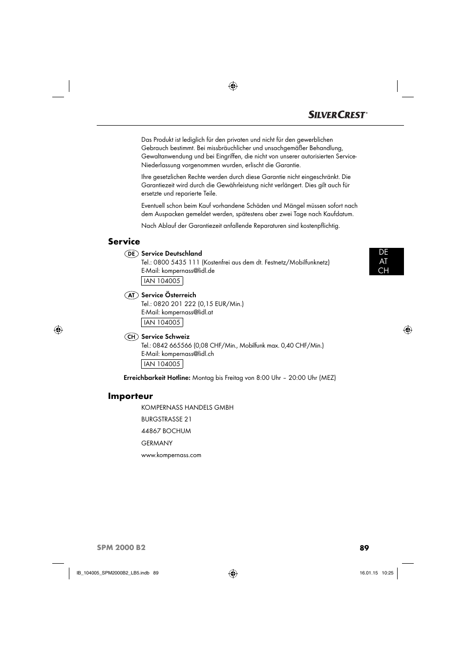 Service, Importeur, De at ch | Silvercrest SPM 2000 B2 User Manual | Page 92 / 94