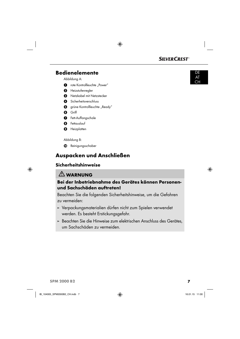 Bedienelemente, Auspacken und anschließen | Silvercrest SPM 2000 B2 User Manual | Page 10 / 76