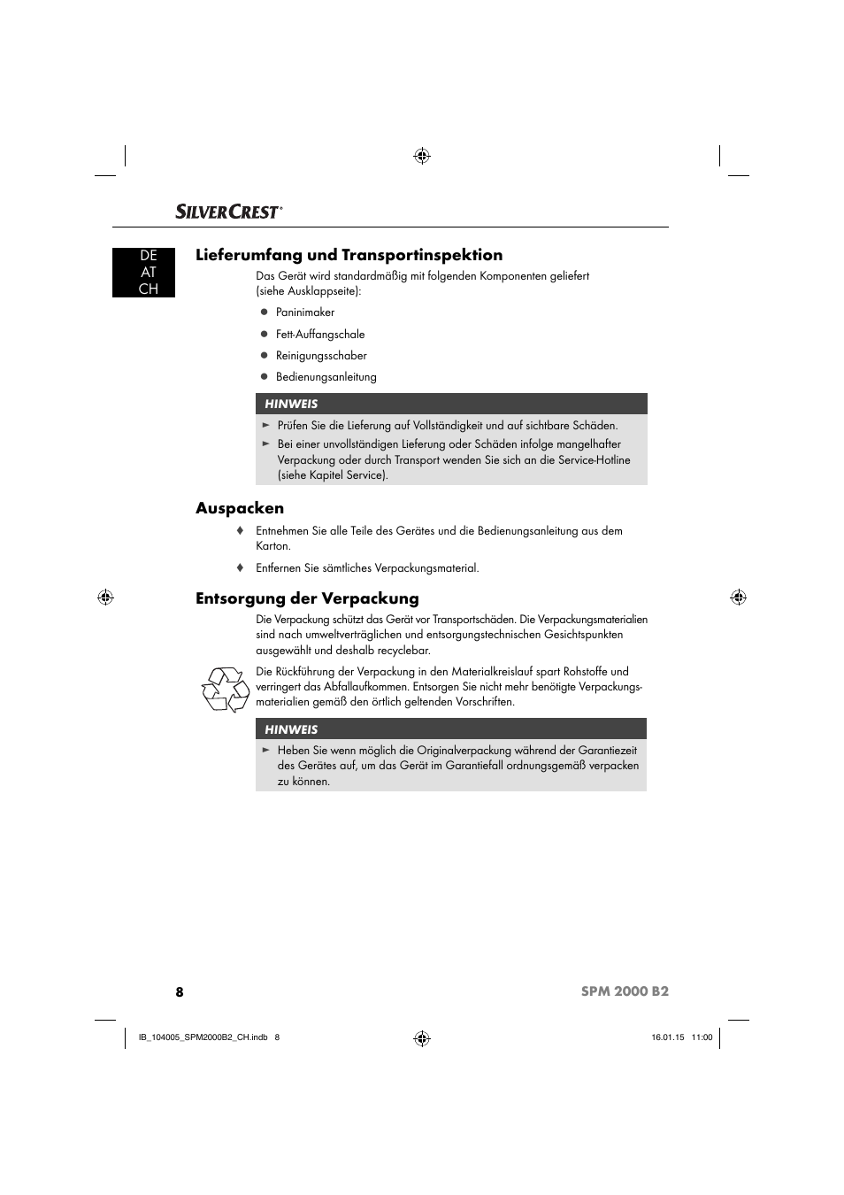 Lieferumfang und transportinspektion, Auspacken, Entsorgung der verpackung | De at ch | Silvercrest SPM 2000 B2 User Manual | Page 11 / 76