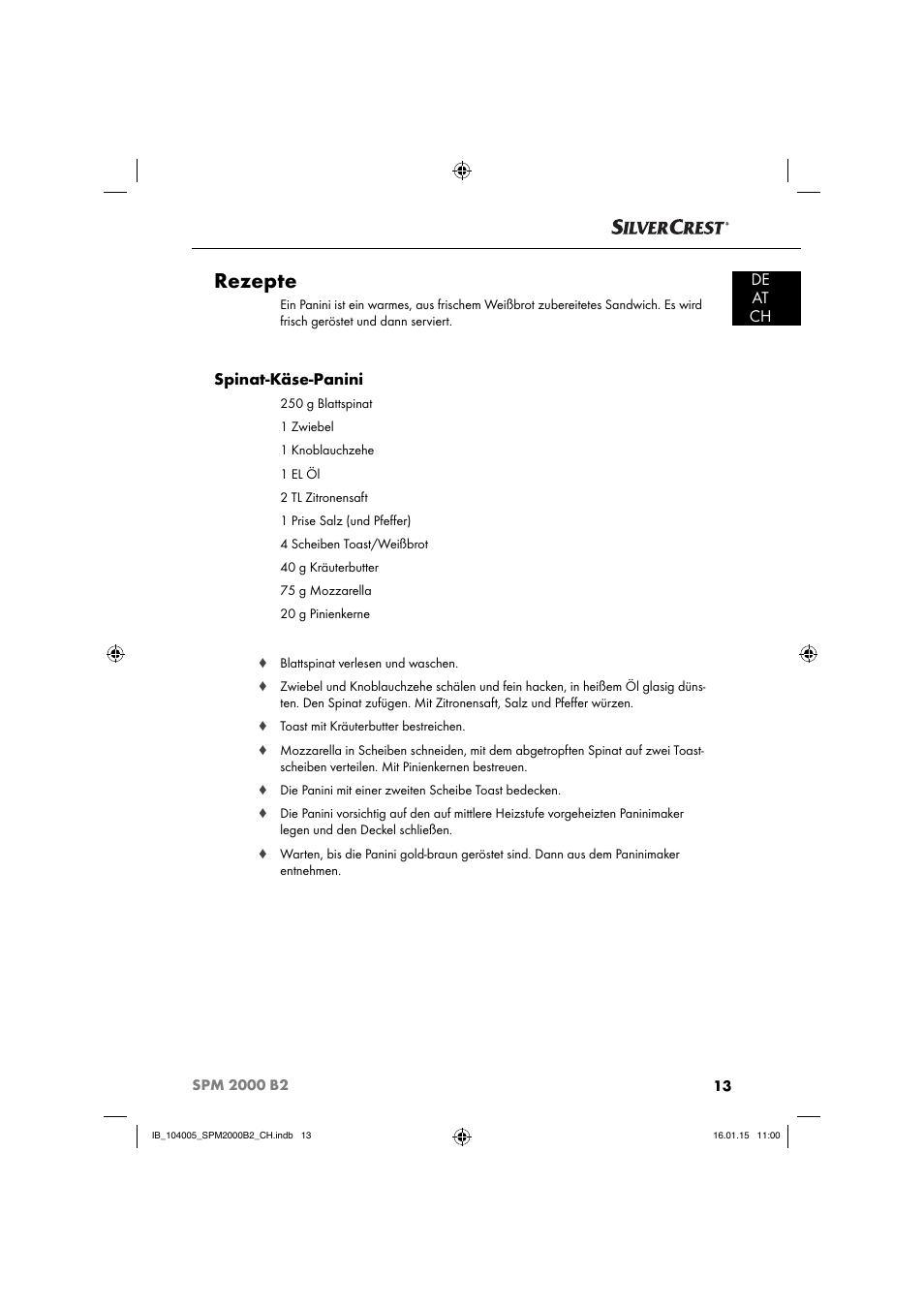 Rezepte, De at ch, Spinat-käse-panini | Silvercrest SPM 2000 B2 User Manual | Page 16 / 76