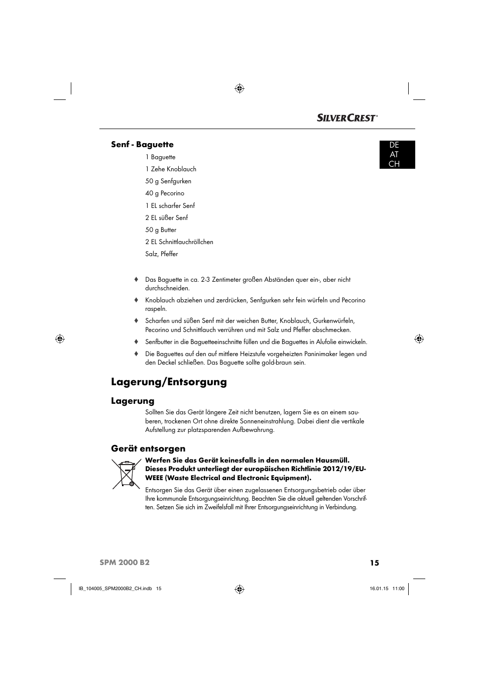 Lagerung/entsorgung, Lagerung, Gerät entsorgen | De at ch senf - baguette | Silvercrest SPM 2000 B2 User Manual | Page 18 / 76