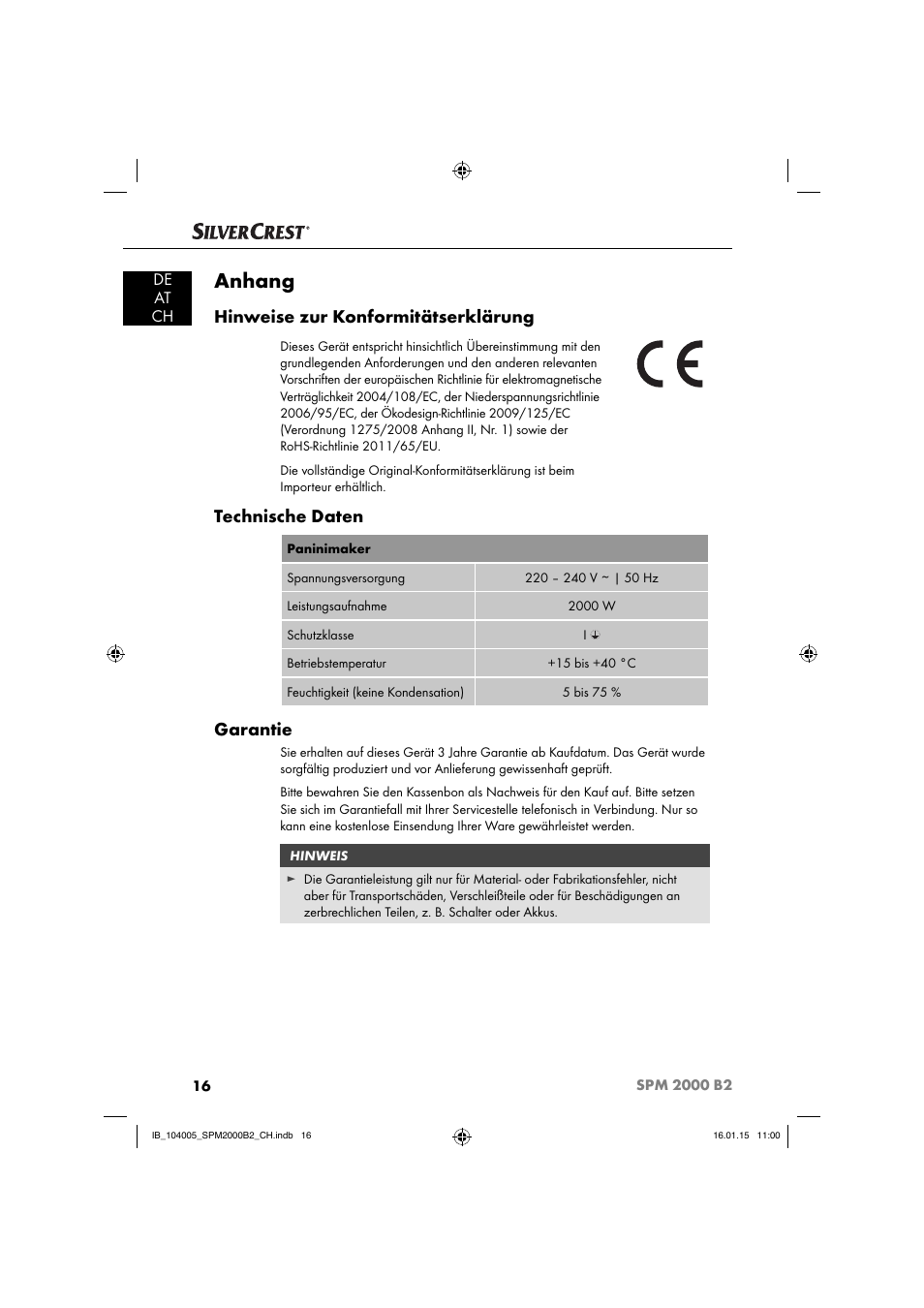 Anhang, Hinweise zur konformitätserklärung, Technische daten | Garantie | Silvercrest SPM 2000 B2 User Manual | Page 19 / 76