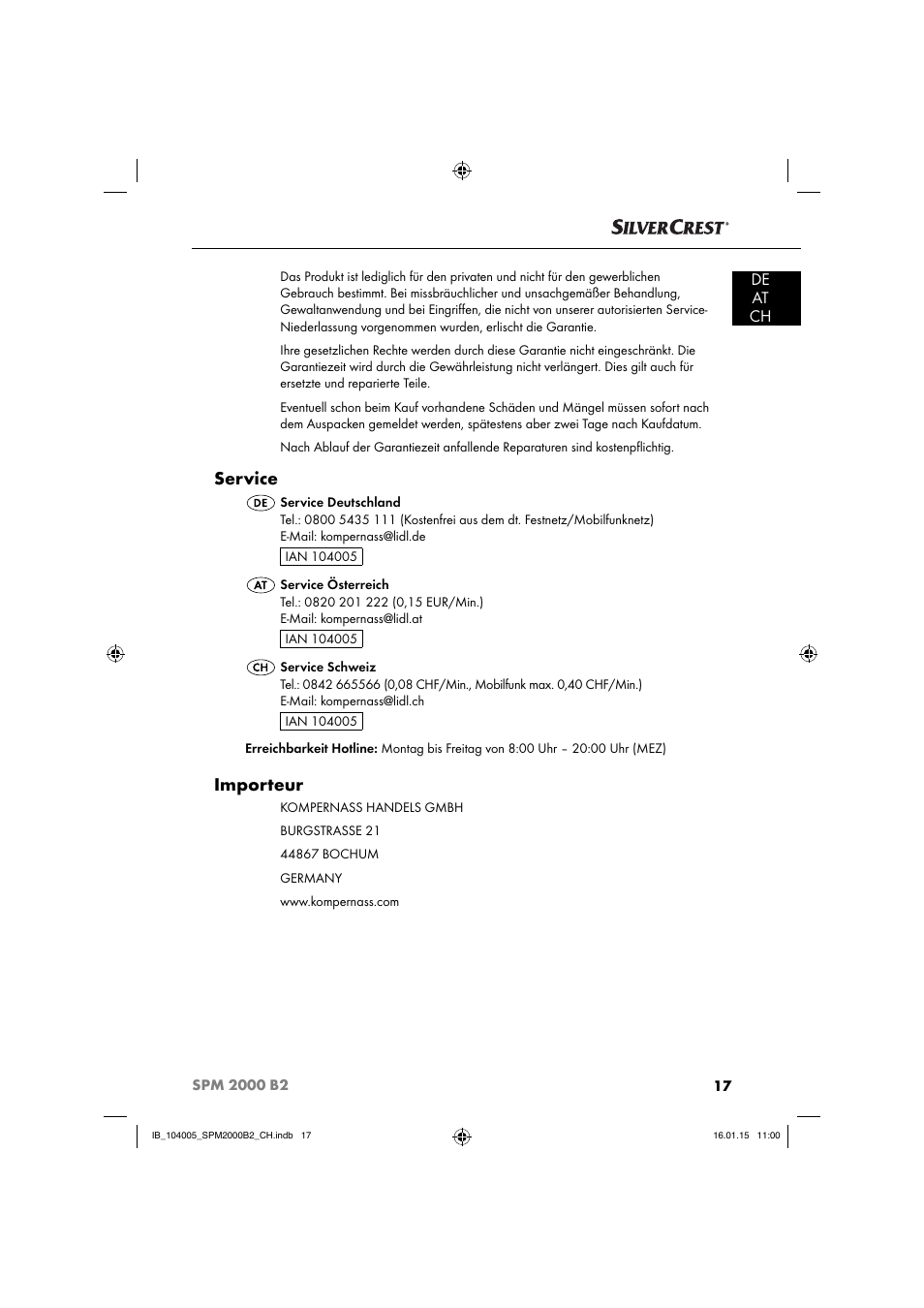 Service, Importeur, De at ch | Silvercrest SPM 2000 B2 User Manual | Page 20 / 76