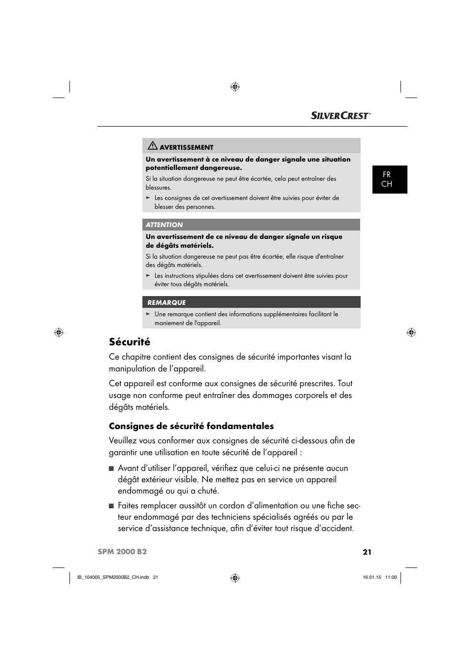 Sécurité | Silvercrest SPM 2000 B2 User Manual | Page 24 / 76