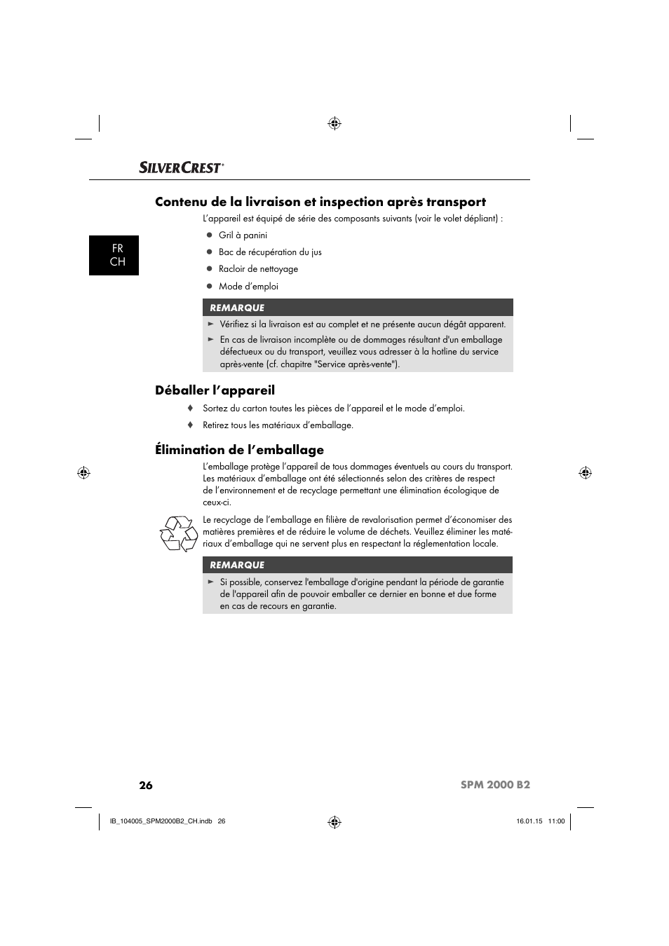 Déballer l’appareil, Élimination de l’emballage, Fr ch | Silvercrest SPM 2000 B2 User Manual | Page 29 / 76