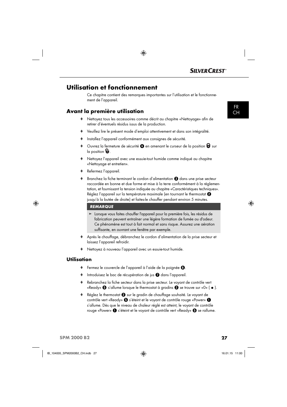 Utilisation et fonctionnement, Avant la première utilisation, Fr ch | Utilisation | Silvercrest SPM 2000 B2 User Manual | Page 30 / 76