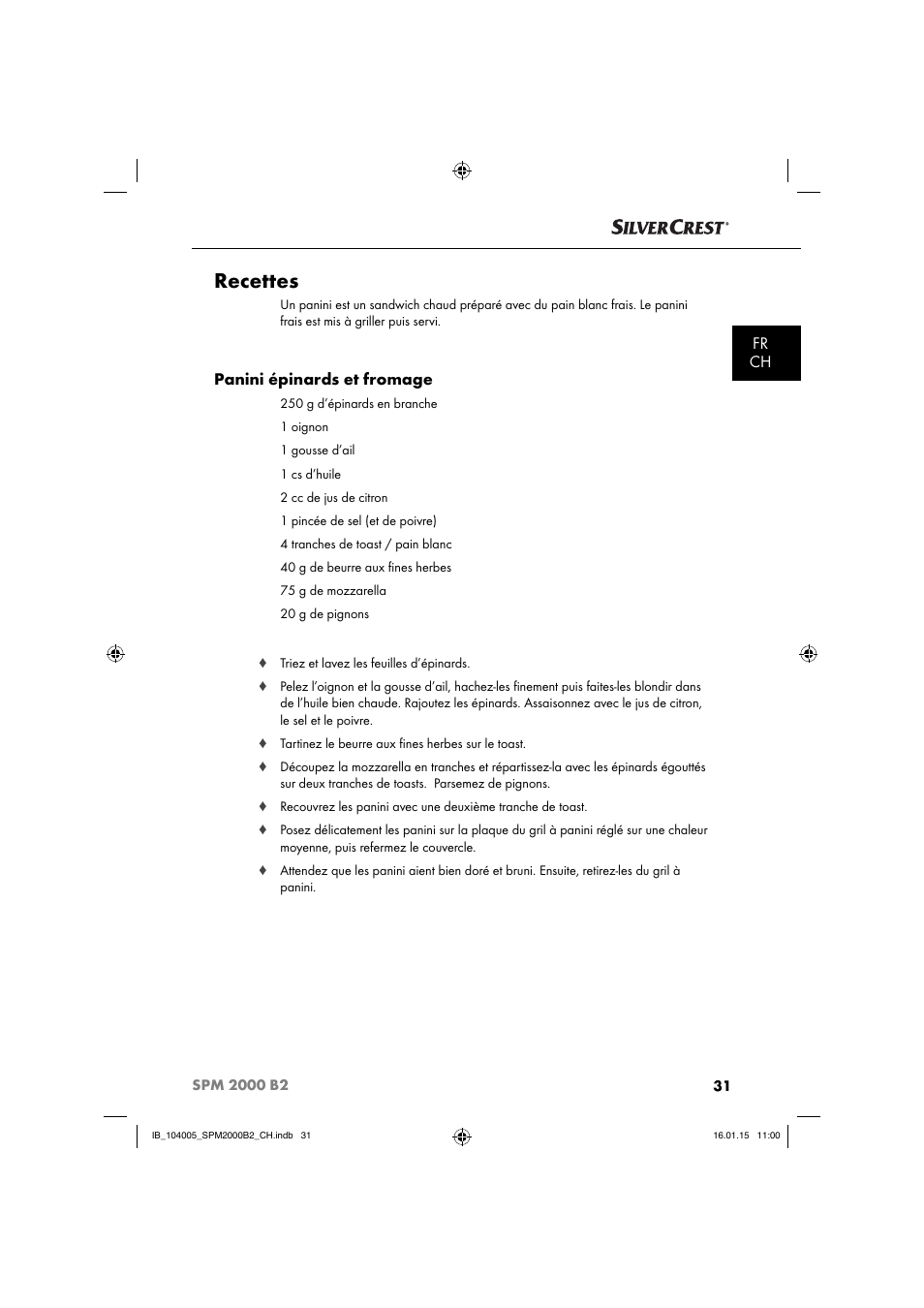 Recettes, Fr ch, Panini épinards et fromage | Silvercrest SPM 2000 B2 User Manual | Page 34 / 76