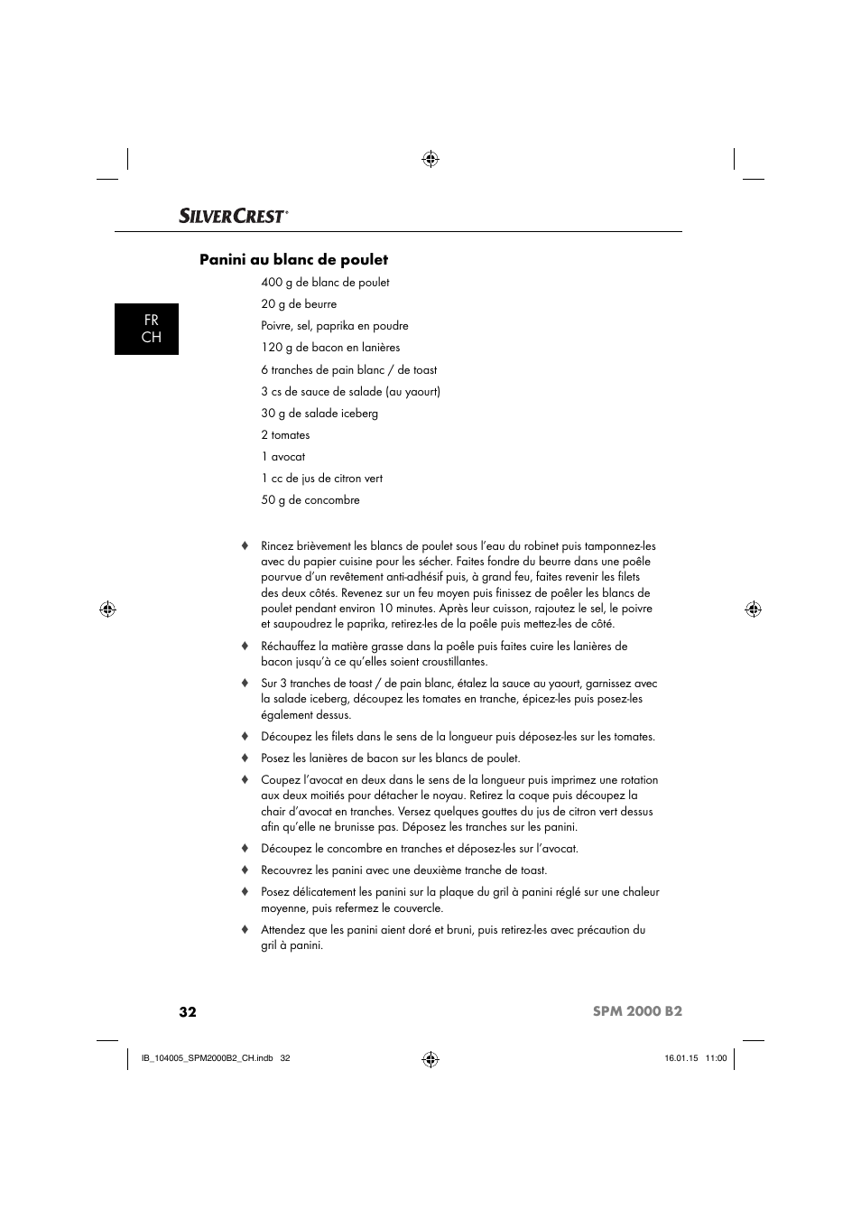 Fr ch panini au blanc de poulet | Silvercrest SPM 2000 B2 User Manual | Page 35 / 76