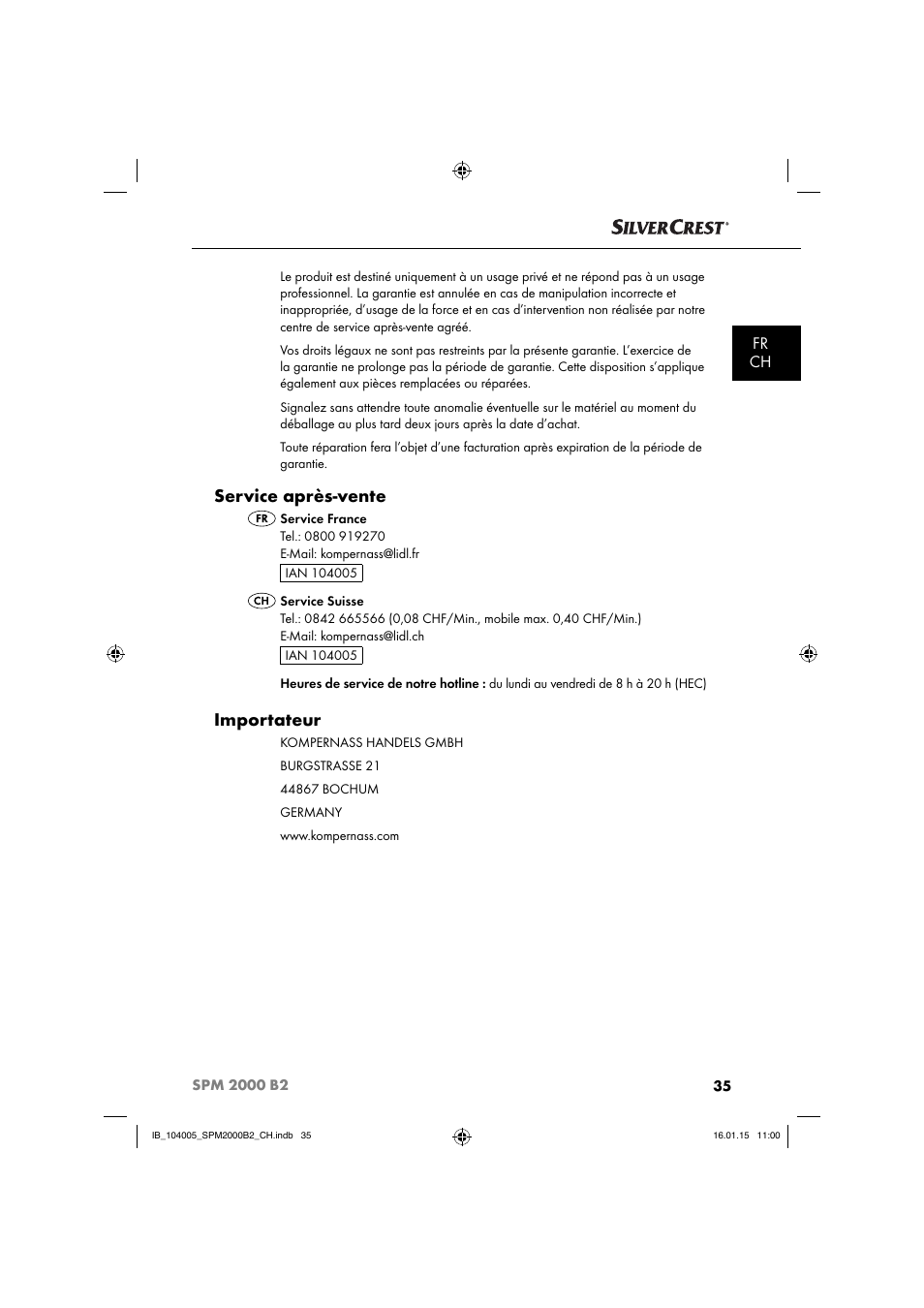 Service après-vente, Importateur, Fr ch | Silvercrest SPM 2000 B2 User Manual | Page 38 / 76