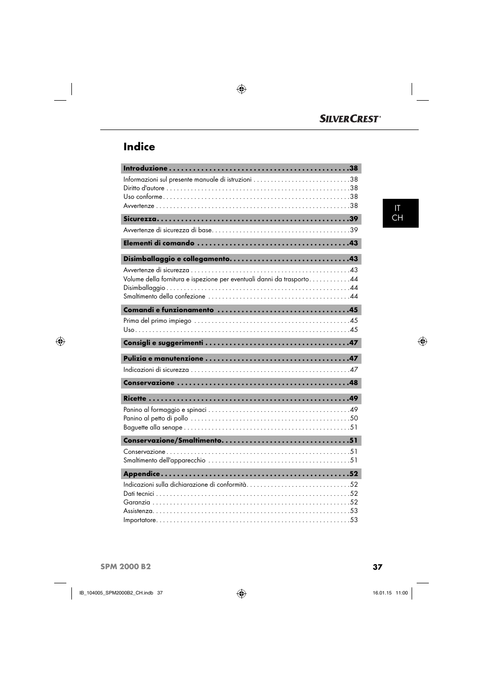 Indice, It ch | Silvercrest SPM 2000 B2 User Manual | Page 40 / 76