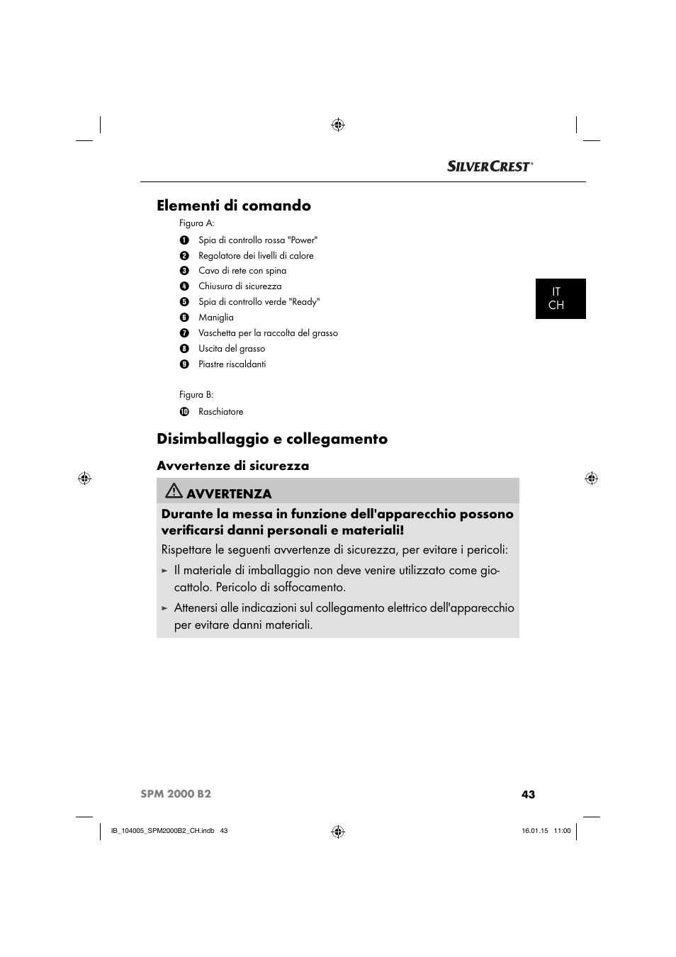 Elementi di comando, Disimballaggio e collegamento | Silvercrest SPM 2000 B2 User Manual | Page 46 / 76