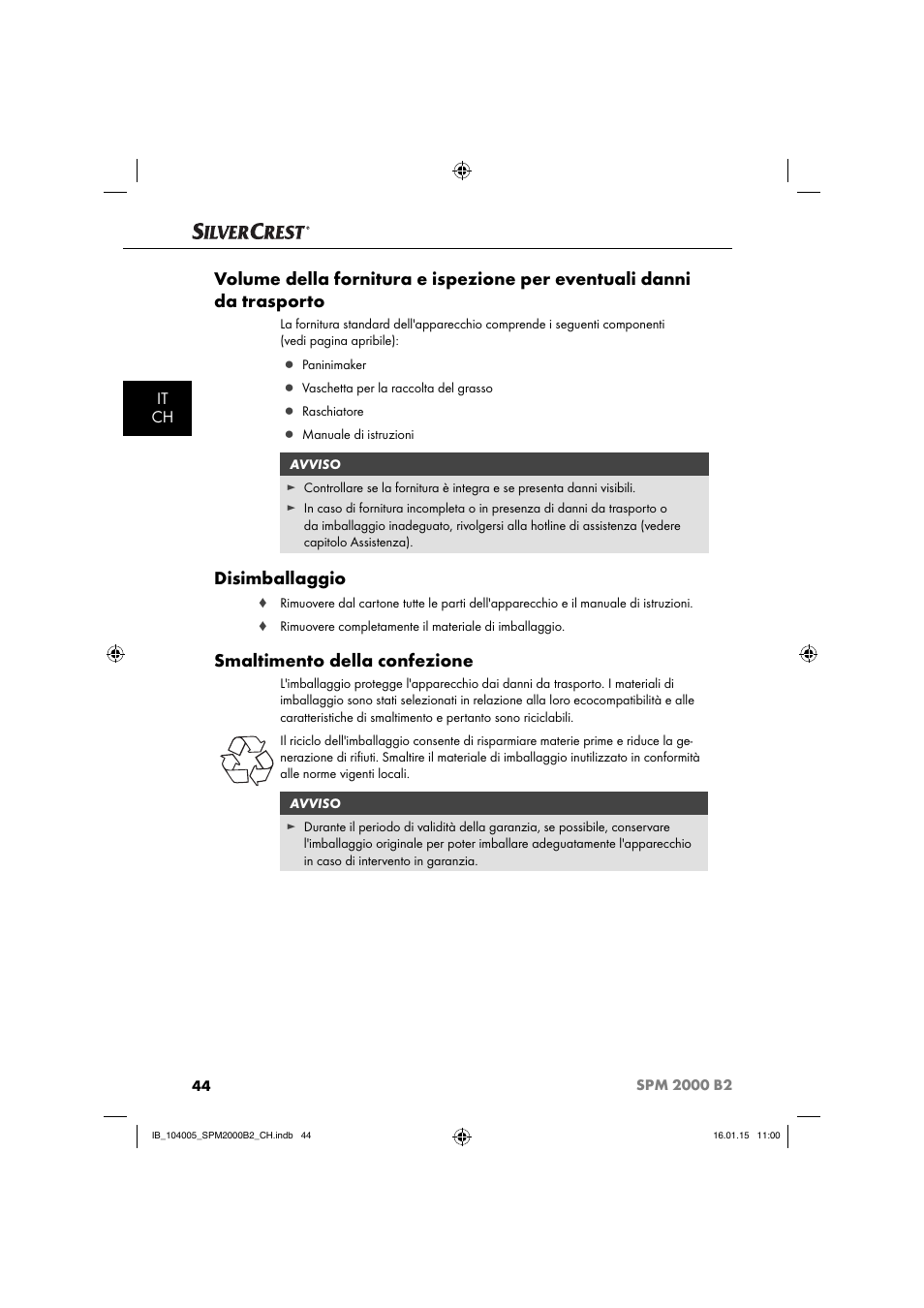 Disimballaggio, Smaltimento della confezione, It ch | Silvercrest SPM 2000 B2 User Manual | Page 47 / 76