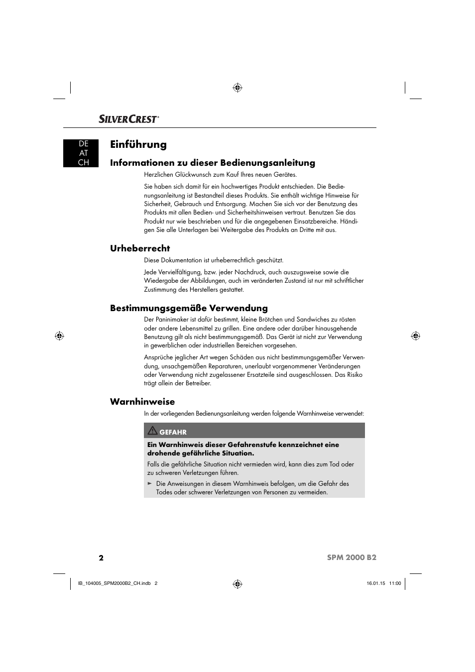 Einführung, Informationen zu dieser bedienungsanleitung, Urheberrecht | Bestimmungsgemäße verwendung, Warnhinweise | Silvercrest SPM 2000 B2 User Manual | Page 5 / 76