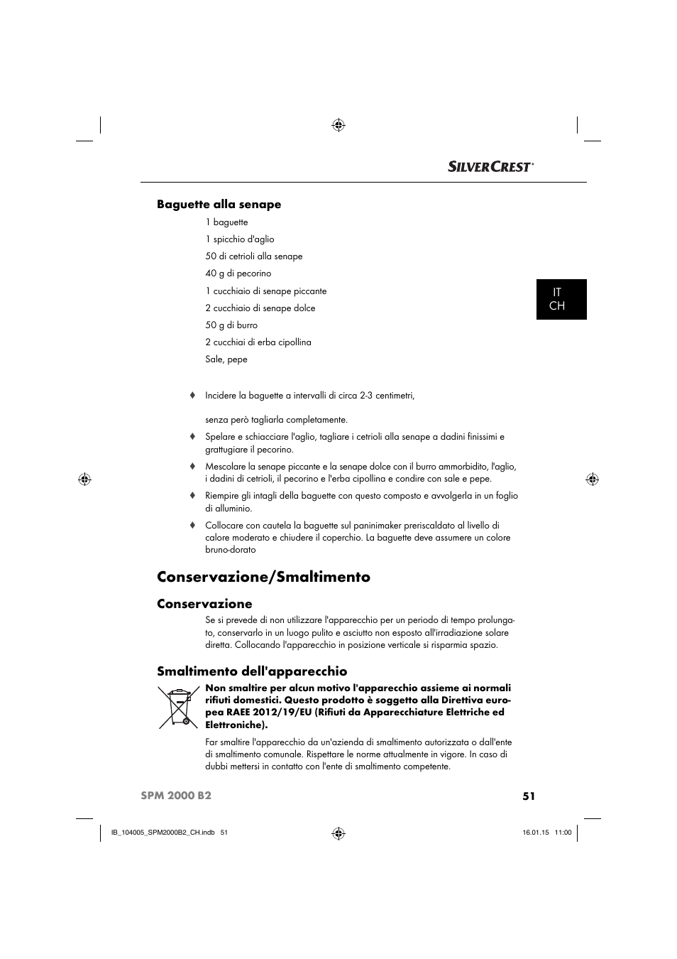 Conservazione/smaltimento, Conservazione, Smaltimento dell'apparecchio | It ch baguette alla senape | Silvercrest SPM 2000 B2 User Manual | Page 54 / 76