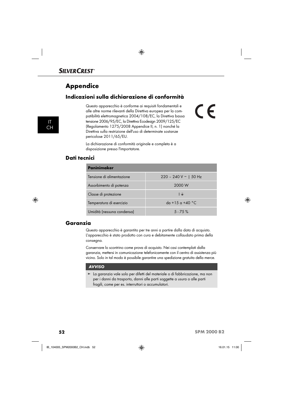 Appendice, Indicazioni sulla dichiarazione di conformità, Dati tecnici | Garanzia, It ch | Silvercrest SPM 2000 B2 User Manual | Page 55 / 76