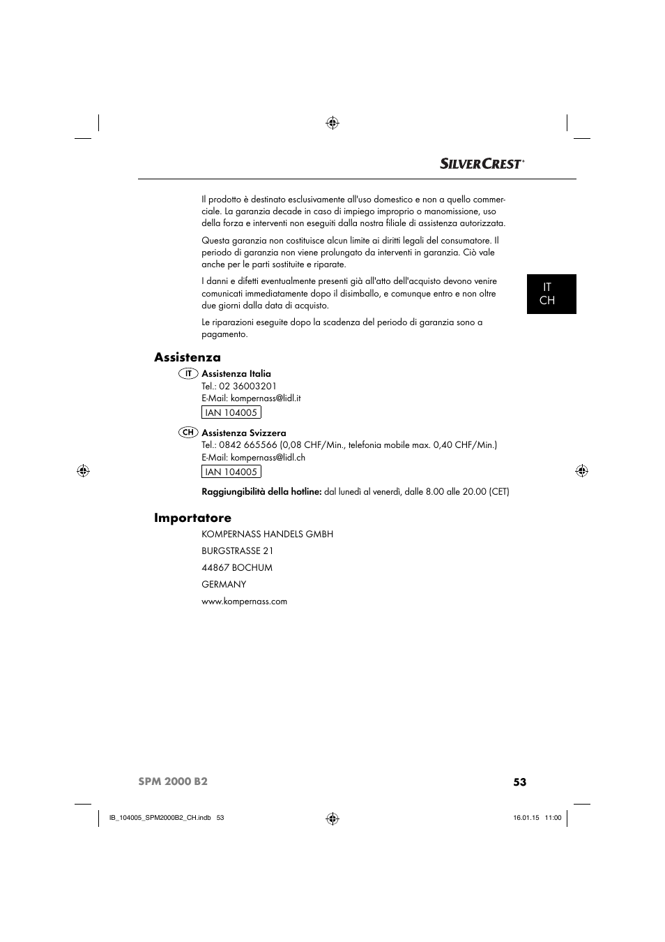 Assistenza, Importatore, It ch | Silvercrest SPM 2000 B2 User Manual | Page 56 / 76