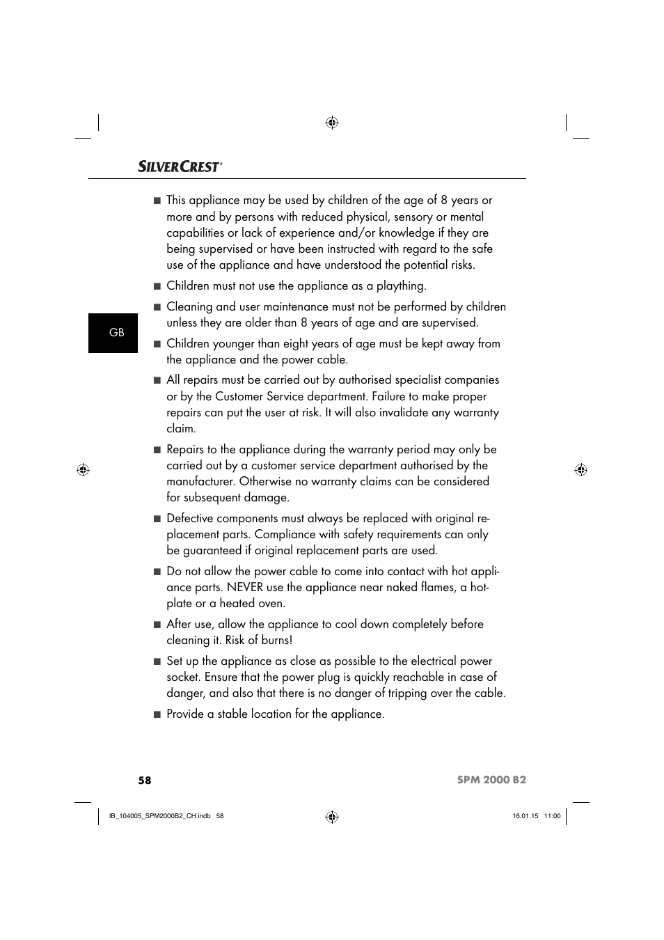 Children must not use the appliance as a plaything, Provide a stable location for the appliance | Silvercrest SPM 2000 B2 User Manual | Page 61 / 76