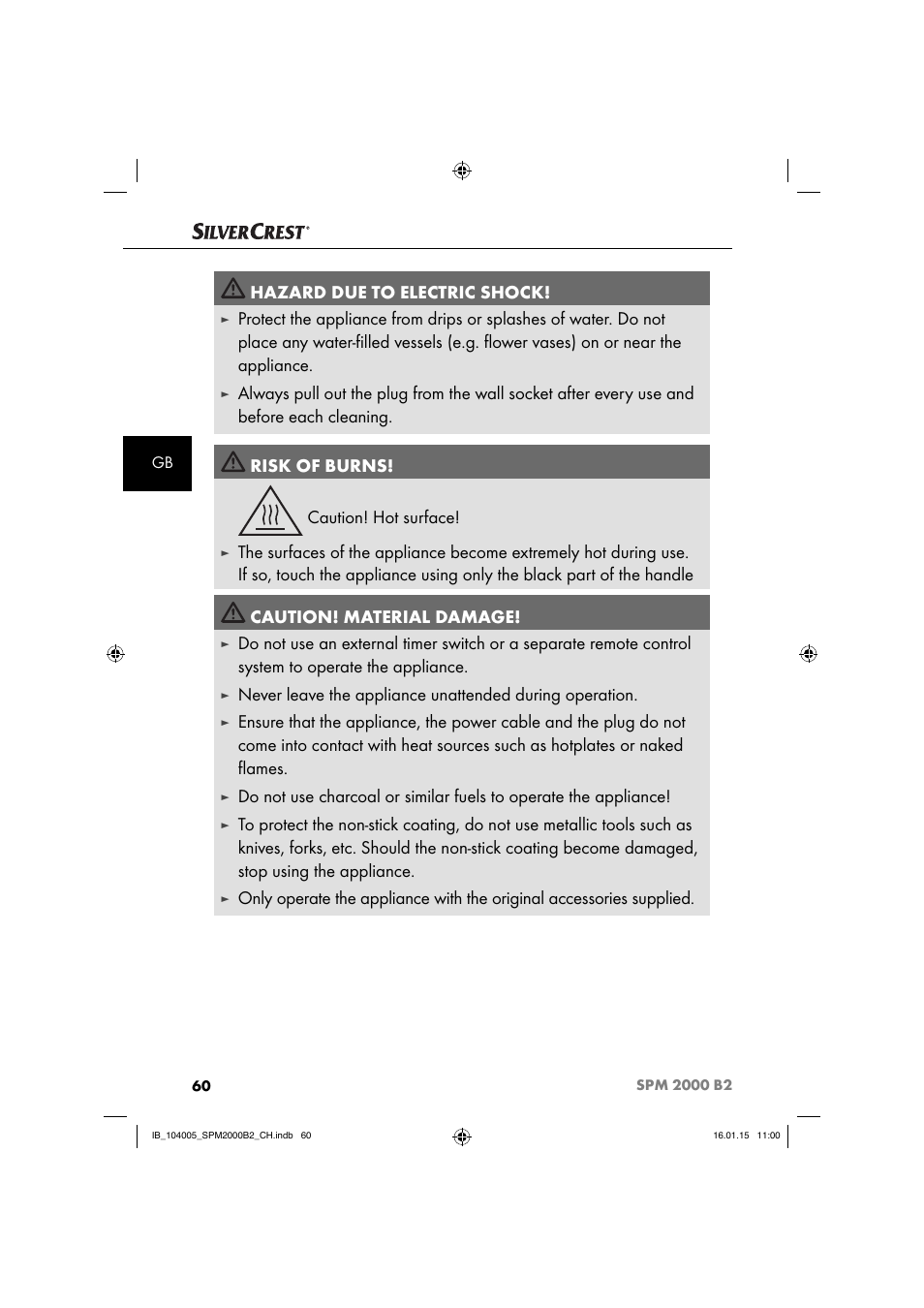 Hazard due to electric shock | Silvercrest SPM 2000 B2 User Manual | Page 63 / 76