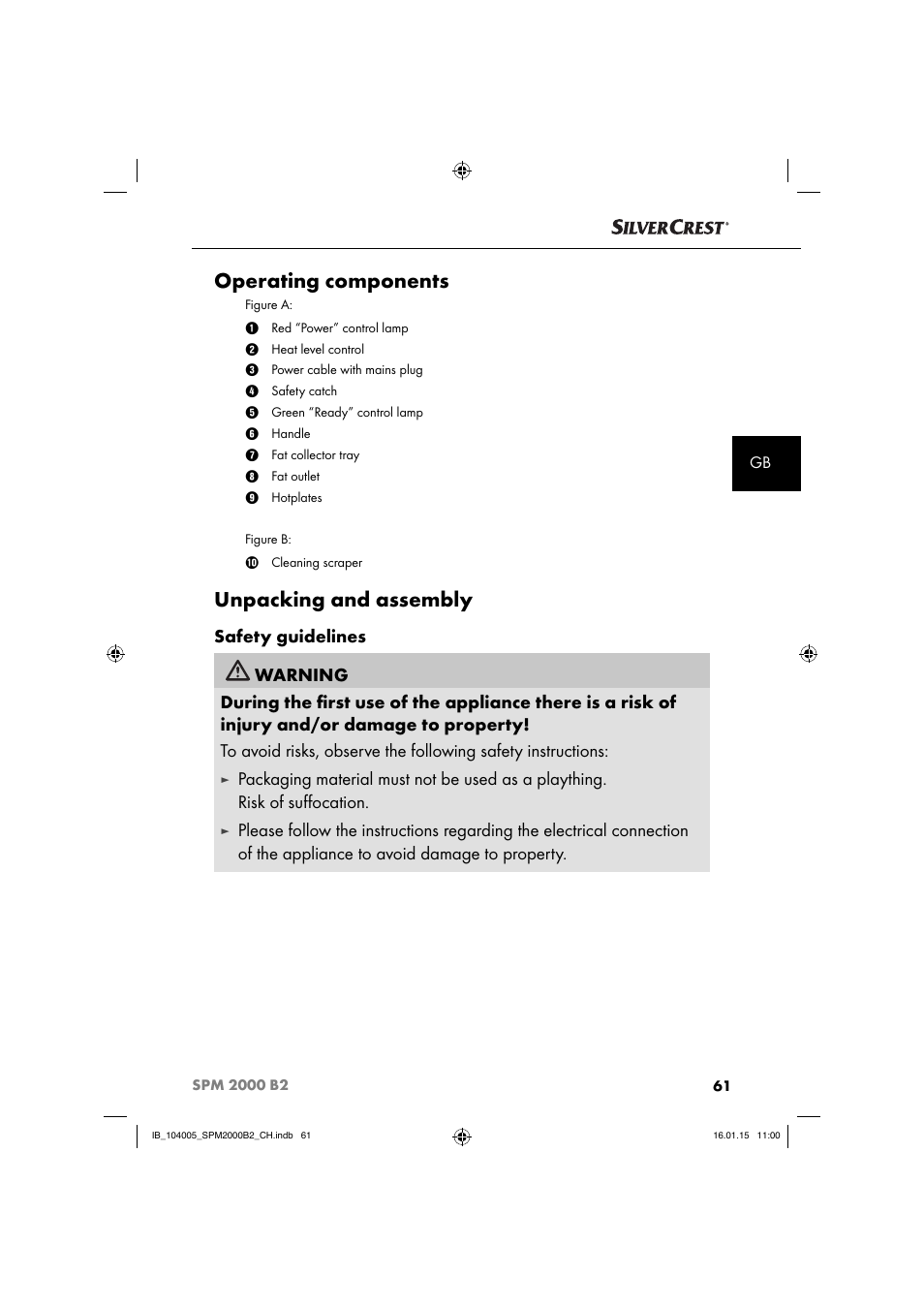 Operating components, Unpacking and assembly | Silvercrest SPM 2000 B2 User Manual | Page 64 / 76