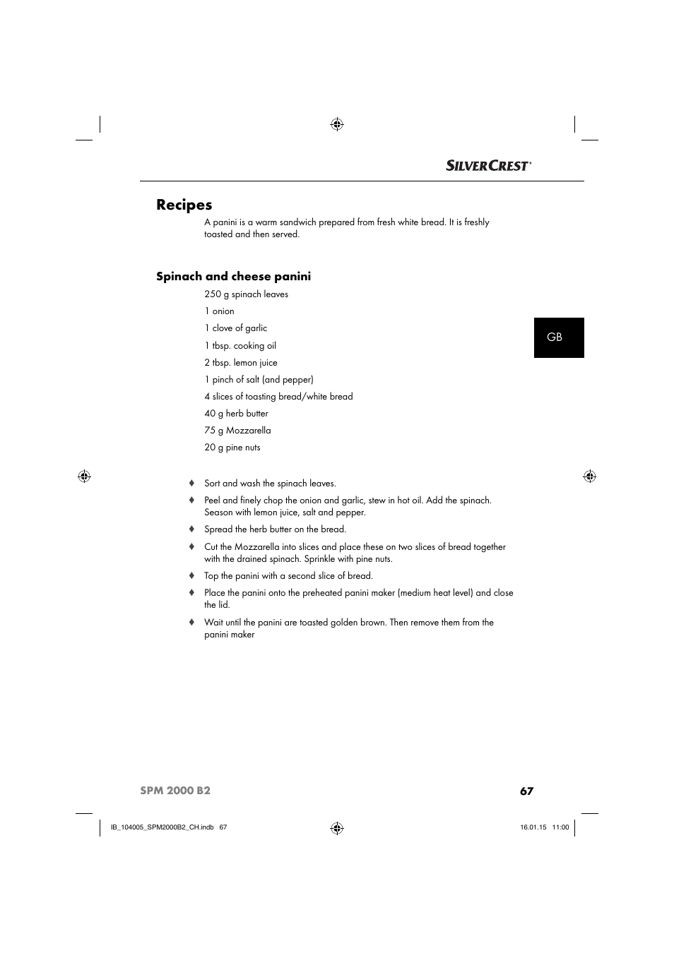 Recipes, Spinach and cheese panini | Silvercrest SPM 2000 B2 User Manual | Page 70 / 76