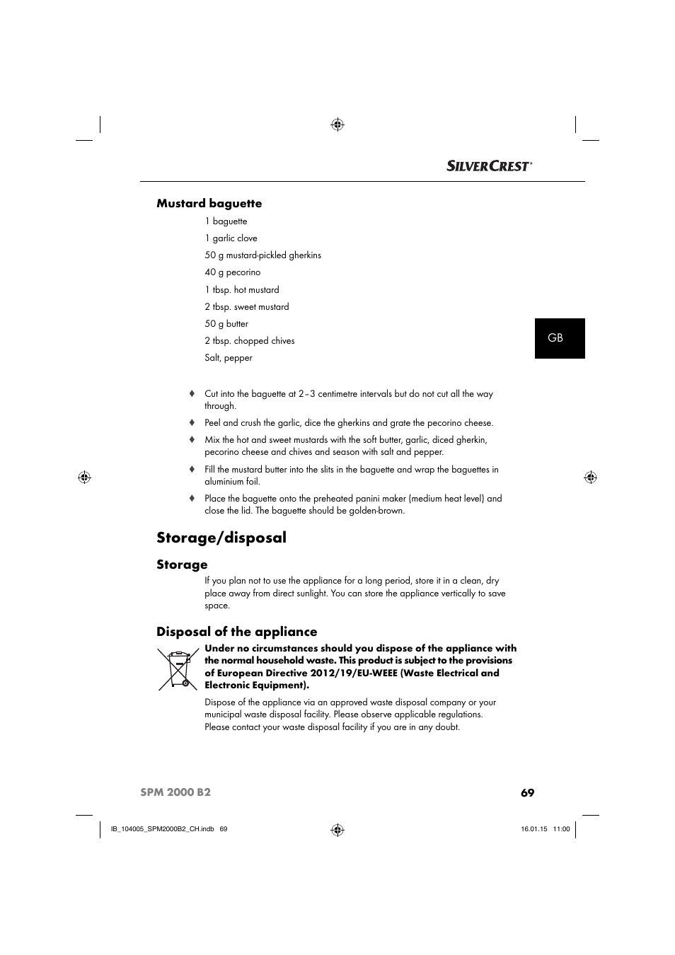 Storage/disposal, Storage, Disposal of the appliance | Gb mustard baguette | Silvercrest SPM 2000 B2 User Manual | Page 72 / 76