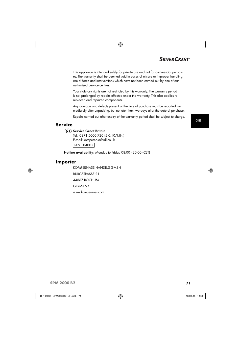 Service, Importer | Silvercrest SPM 2000 B2 User Manual | Page 74 / 76