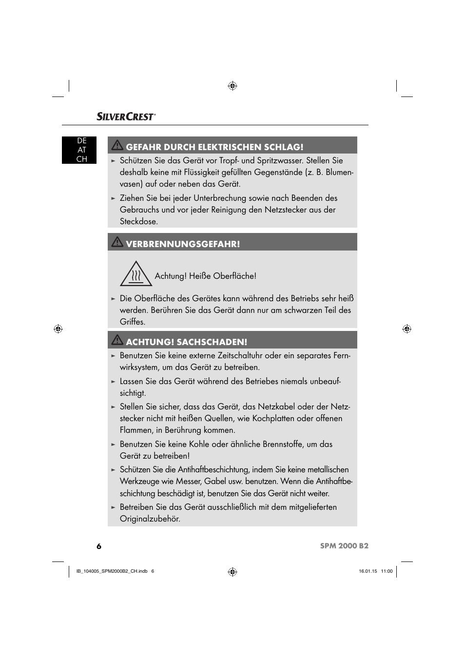 Gefahr durch elektrischen schlag | Silvercrest SPM 2000 B2 User Manual | Page 9 / 76