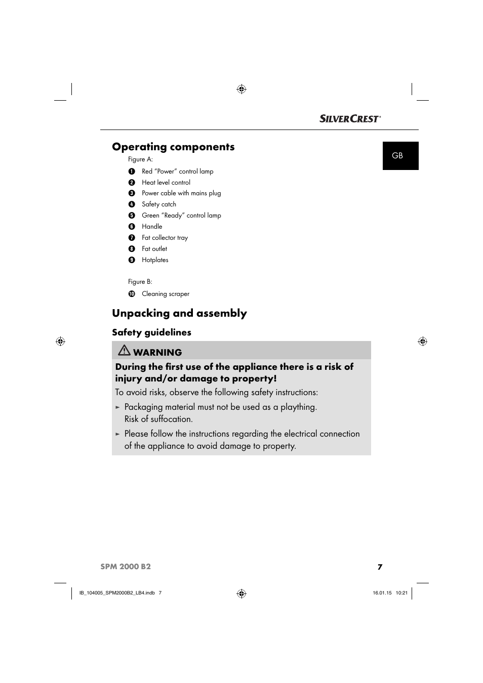 Operating components, Unpacking and assembly | Silvercrest SPM 2000 B2 User Manual | Page 10 / 112